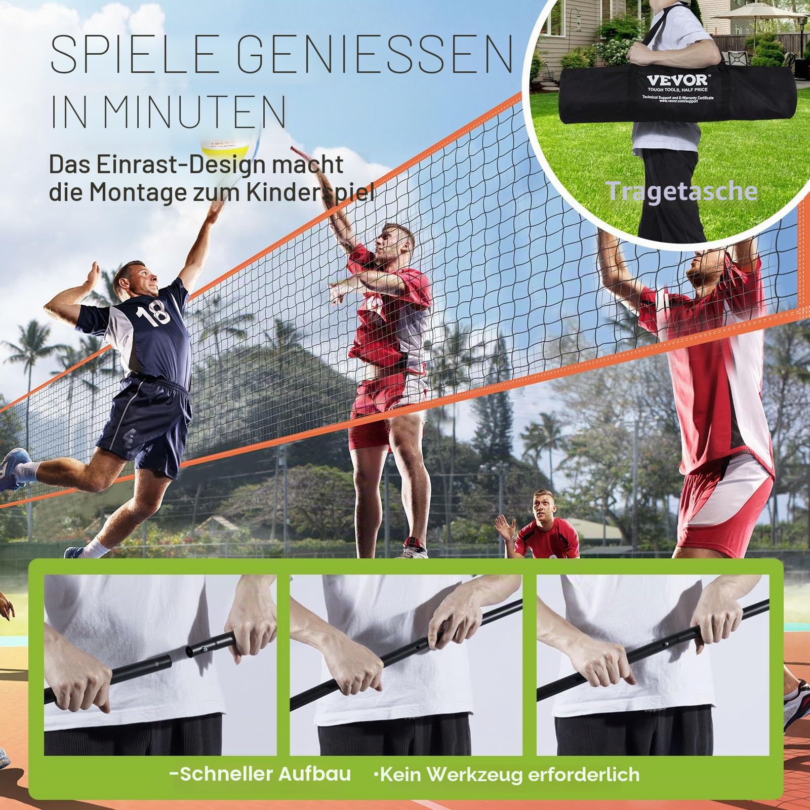 VEVOR Volleyballnetz Höhenverstellbar 4,3 x 2,2 m Tragbarer Beachvolleyball-Netz Orange mit Volleyball & Tragetasche