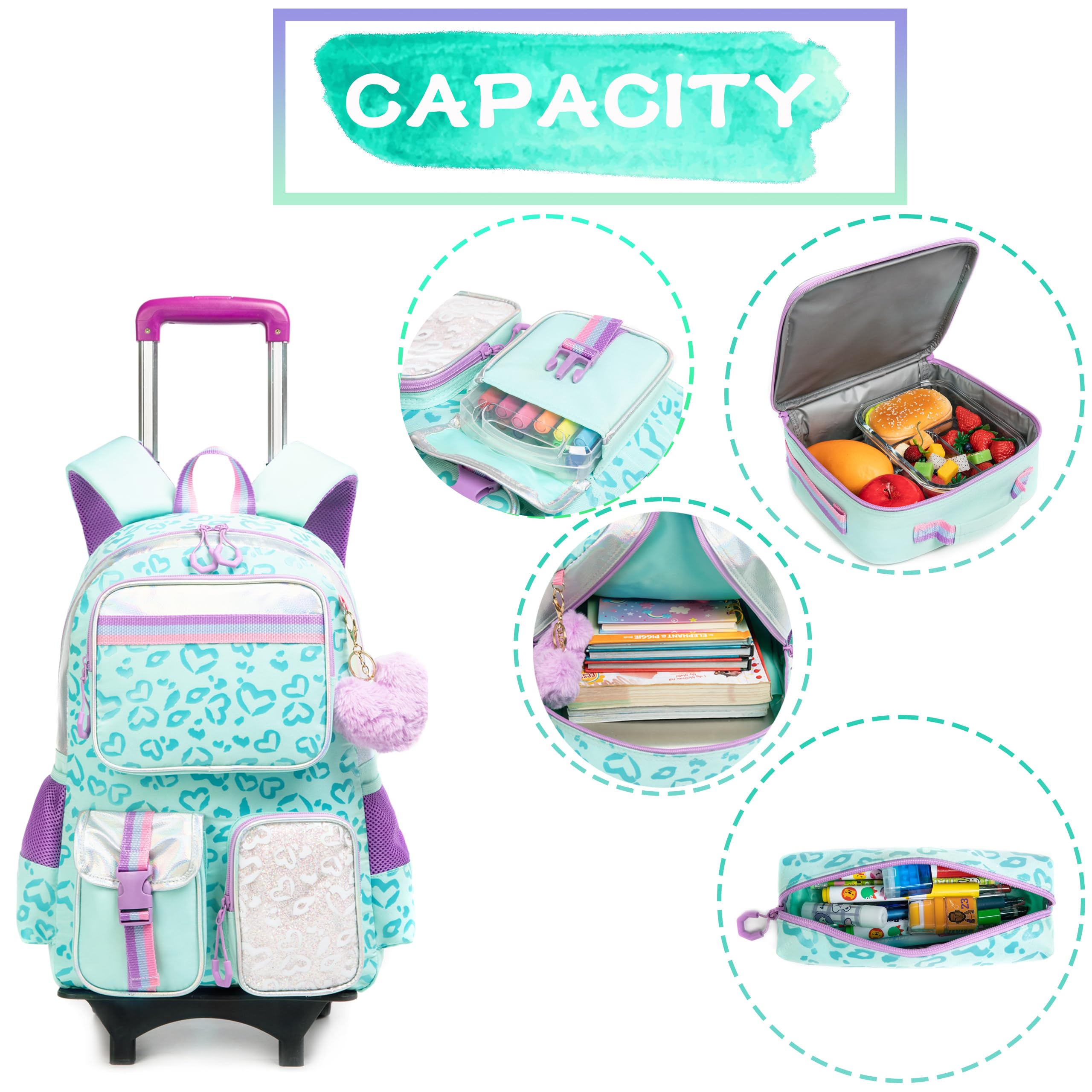 HTgroce Cartable à Roulette Fille Primaire, Sac à Dos pour Filles, pour Scolaire, Voyage, CE2