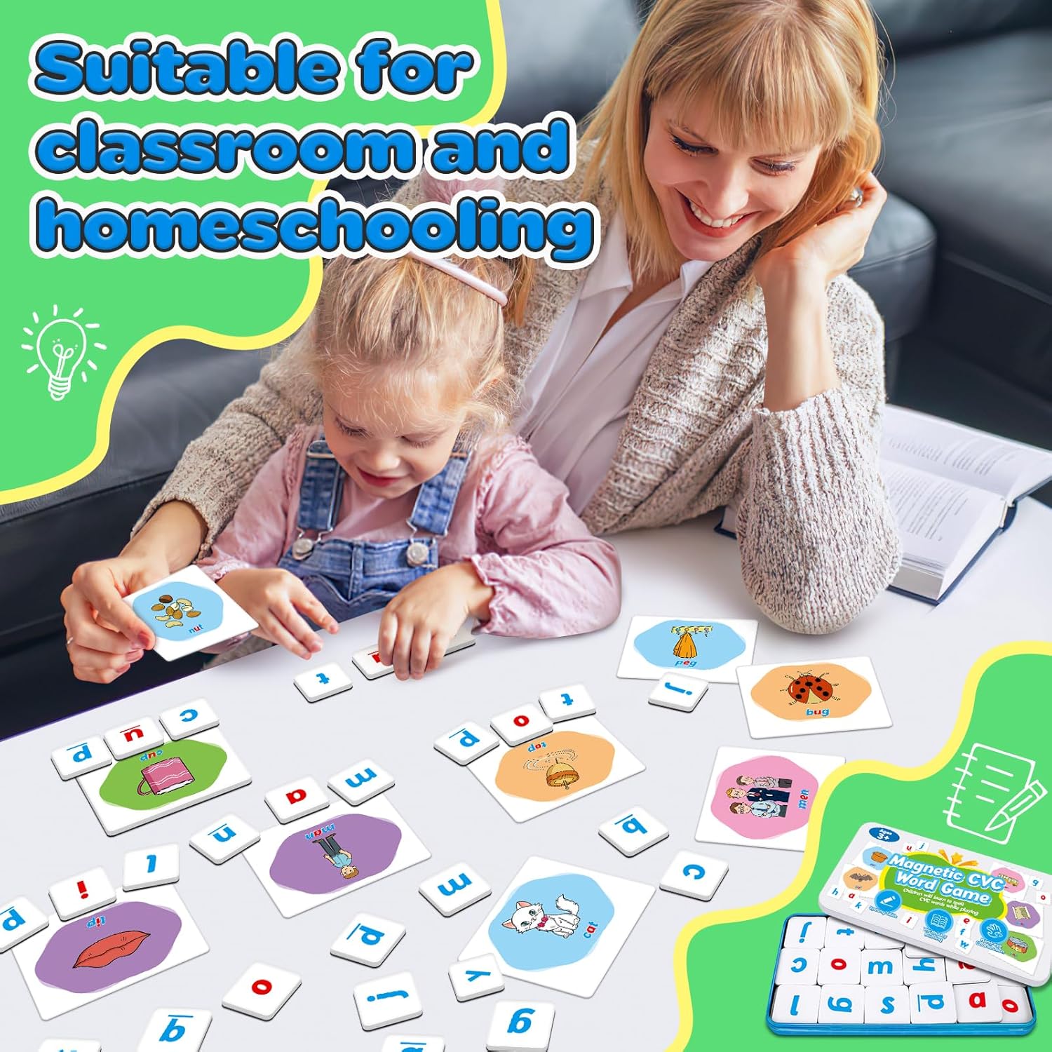 CVC Word Games,Magnetic Letters & CVC Flash Cards,Phonics Games,Alphabet ABC Toys,Refrigerator Fridge Magnets for Kids Toddlers,Speech Therapy,Spelling Learning Games for Preschool Classroom