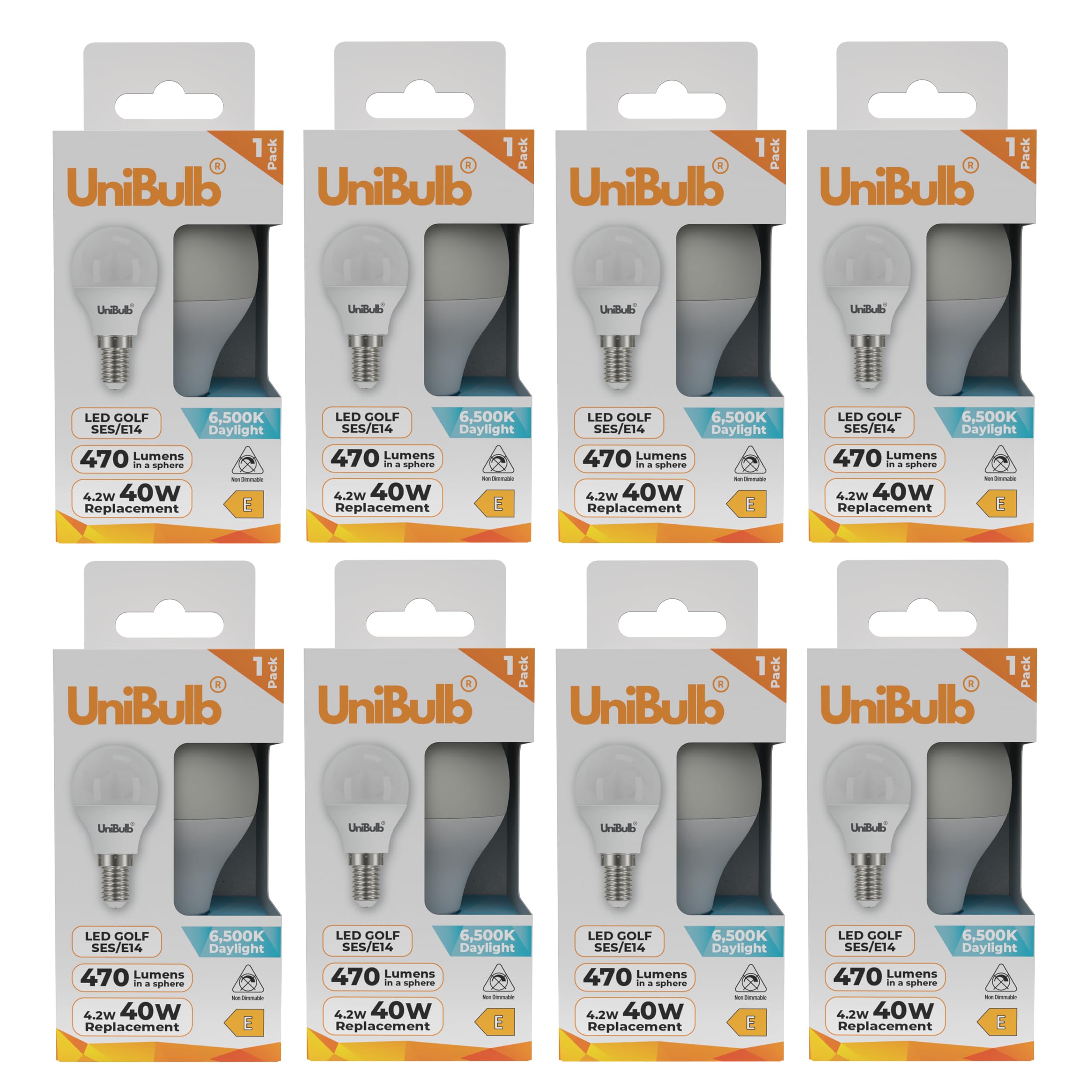 Unibulb E14 Energy Saving LED Light Bulb, Small Edison Screw (SES), 4.2W, 470lm, 40W Equivalent, Daylight 6500K, Golf Ball Bulb, P45, 220-240V, Non-Dimmable, 25,000hr lifespan, Pack of 8