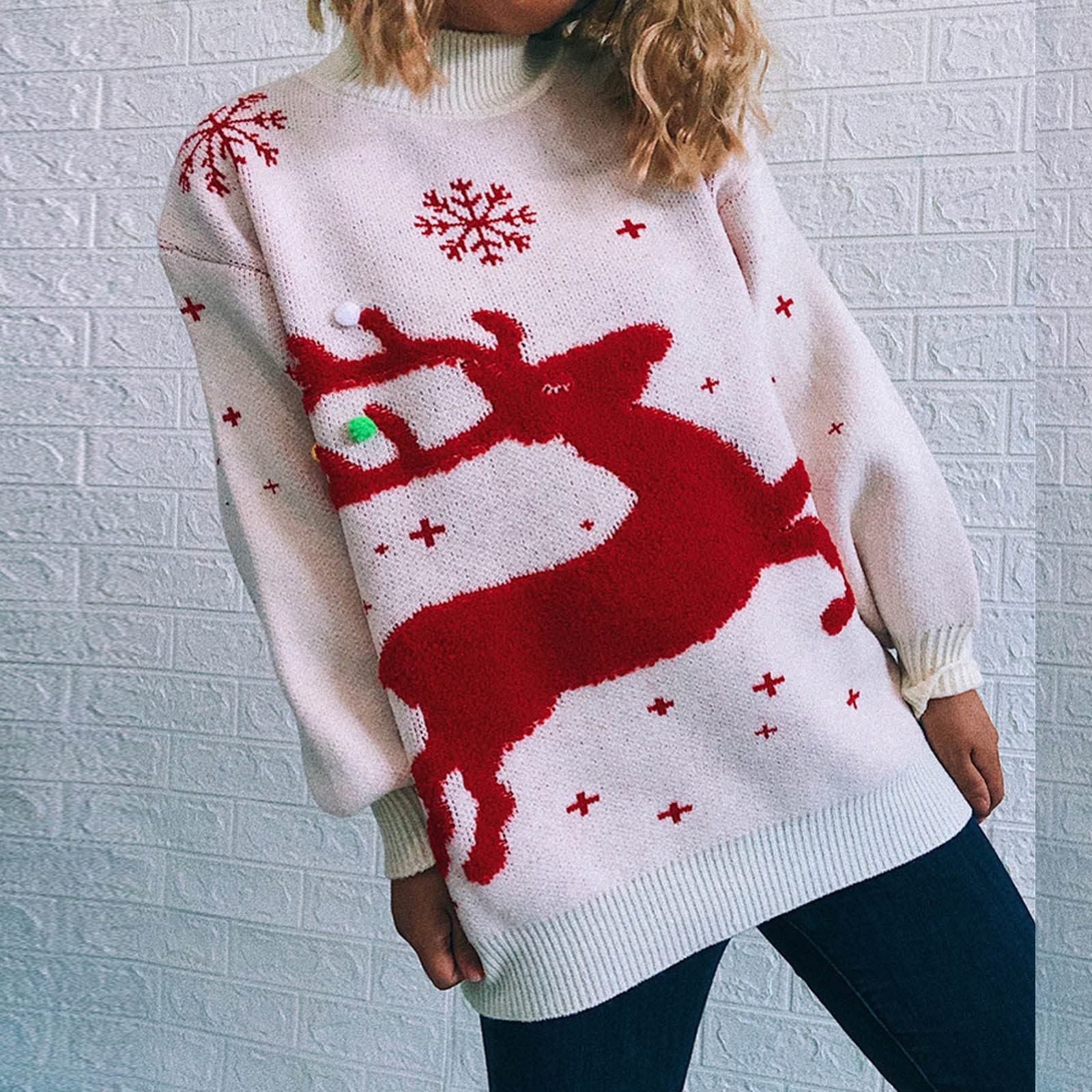 Maglioni Natalizi per Donna Pullover Maglione Lavorato a Maglia Casual Renna Fiocco di Neve Maglione Natalizio con Stampa Babbo Natale (I Beige Medium)