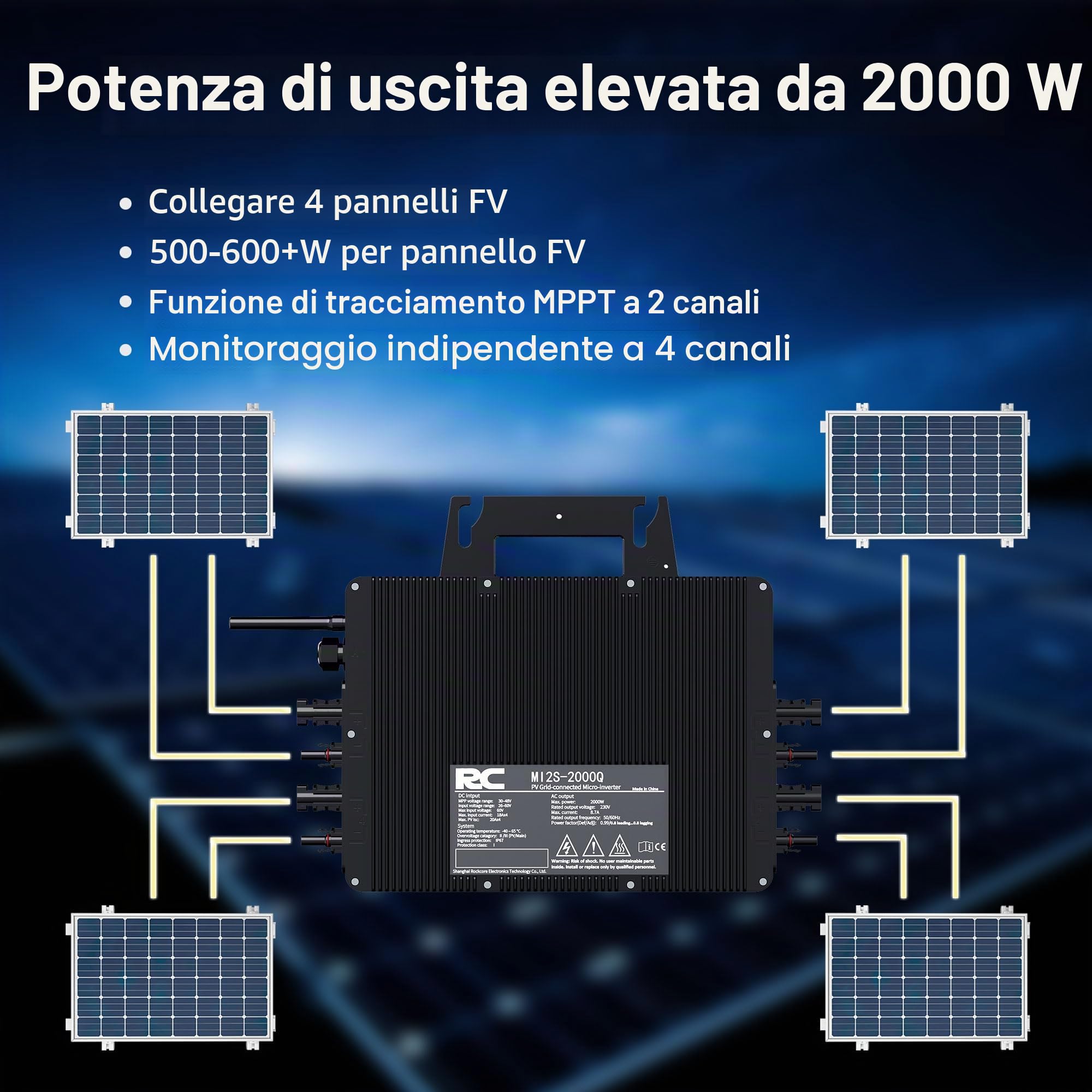 RC Micro inverter 2000 W, ingresso CC 26-60 V, inverter modulo PV, micro convertitore MPPT, Controllo dell’app tramite Wi-Fi