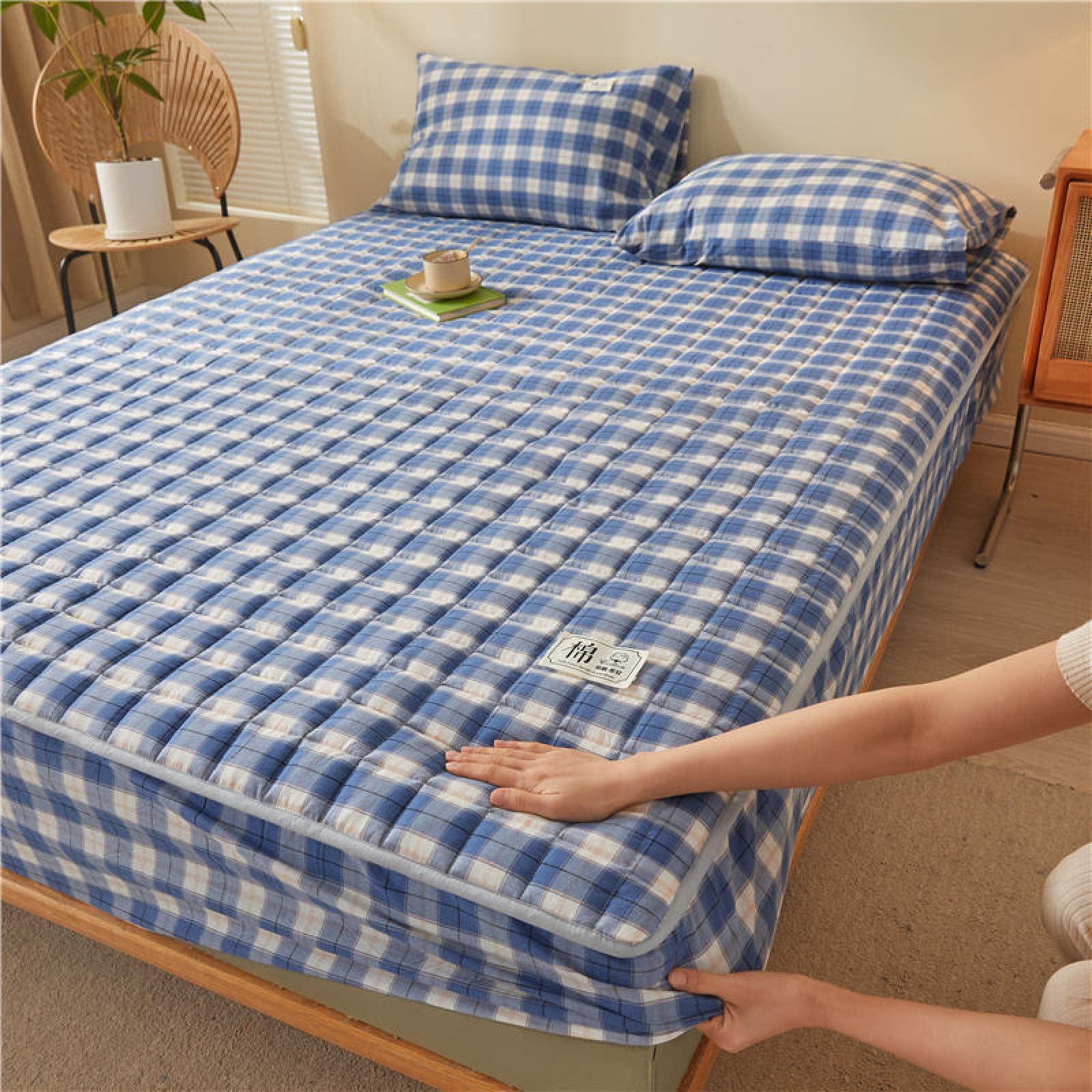 Protector de colchón Transpirable180x200cm, sábanas y Fundas de Almohada Acolchadas Suaves a Cuadros Gruesas de algodón, Funda de colchón Colcha para apartamento Homestay Azul