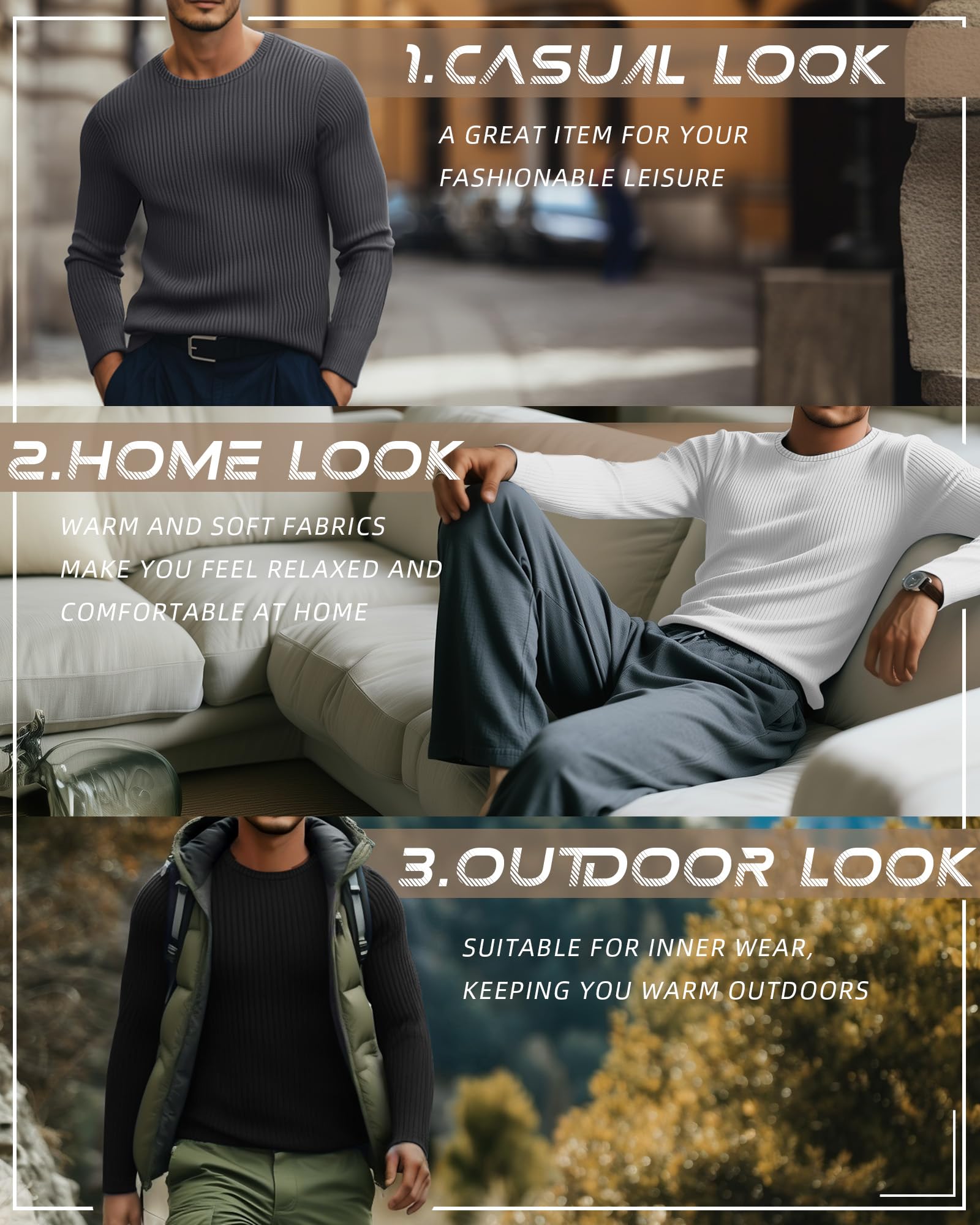 Riyiper Pack de 3 Camisetas Térmicas Acanaladas para Hombre Cuello Redondo Manga Larga Camiseta Interior Ajustada de Invierno