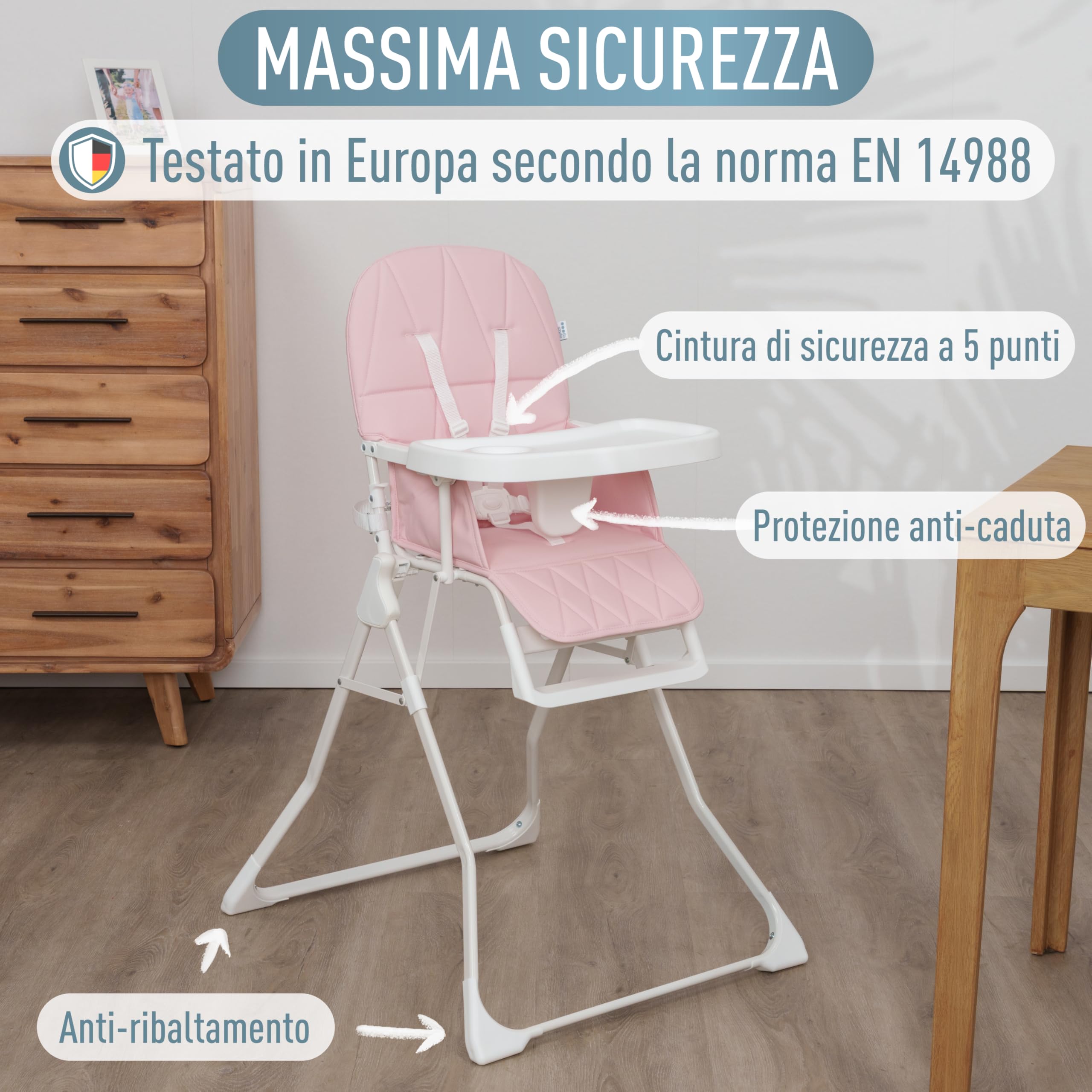 IB STYLE Seggiolone Pappa Leno - Seggiolone Pieghevole e Salvaspazio, Evolutivo con Vassoio e Poggiapiedi, Cintura a 5 Punti, Seduta Imbottita, Facile da Pulire, da 6 Mesi a 3 Anni (15 kg), Rosa