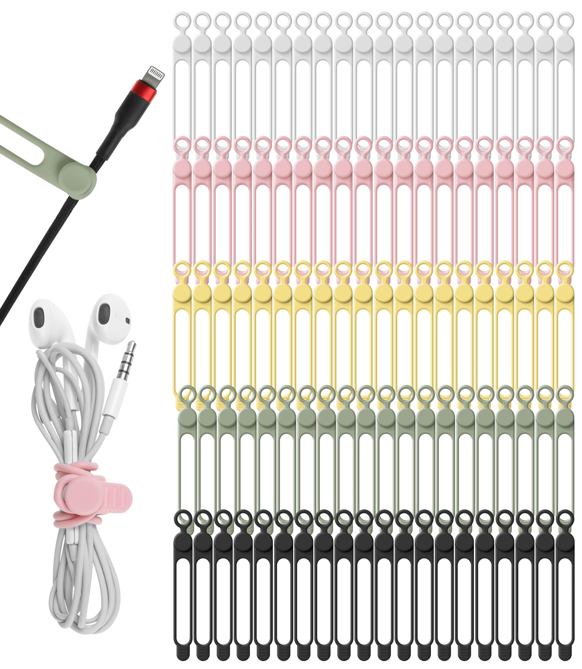 Photo 1 of Nearockle 100Pcs Silicone Cable Ties Cord Organizer for Bundling Earphone, Phone Charger, Computer Cords, Reusable Cable Ties Wire Organizer in Home,Office,Kitchen,School (5 Colors)