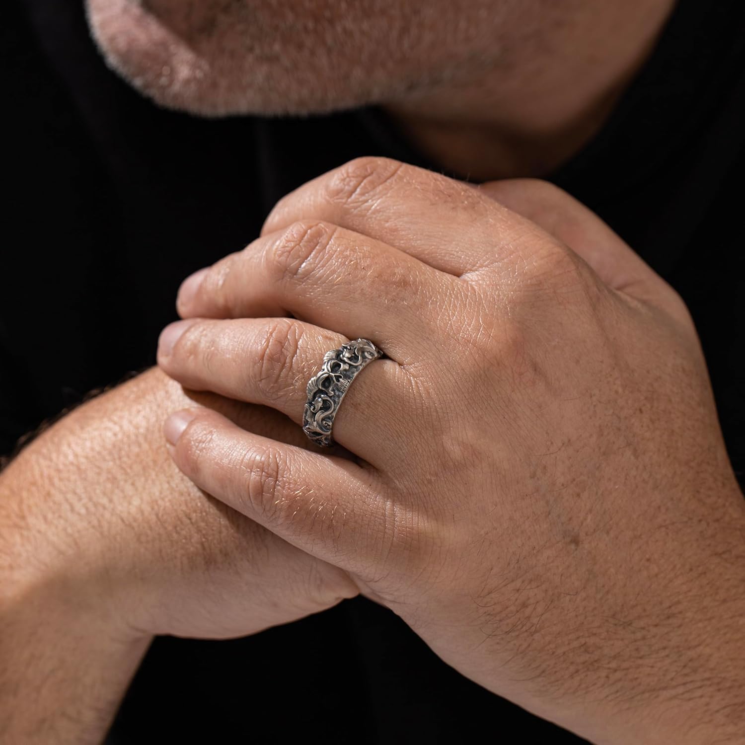 Gothic Skull Ring For Men in 925 Sterling Silver, Vintage Gothic Jewelry For Men; Boyfriend - Dad - Husband, Punk Oxidized Silver Band, Handcrafted Biker Mens Ring with Demon, Gifts For Him