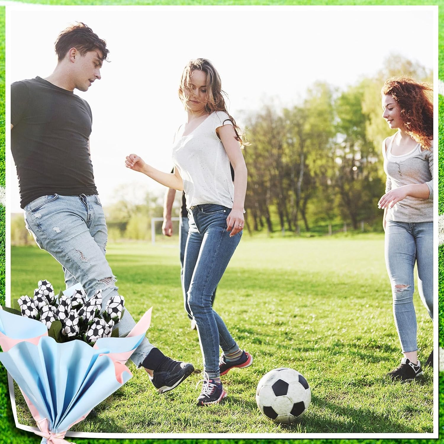 Suhine 12 Pcs Artificial Soccer Rose Flowers Sports Party Favors Bulk for Birthday Graduation Wedding Party Decorations Table Centerpieces Mom Fans Team Coach Senior Night Gift (Soccer Color, Normal)