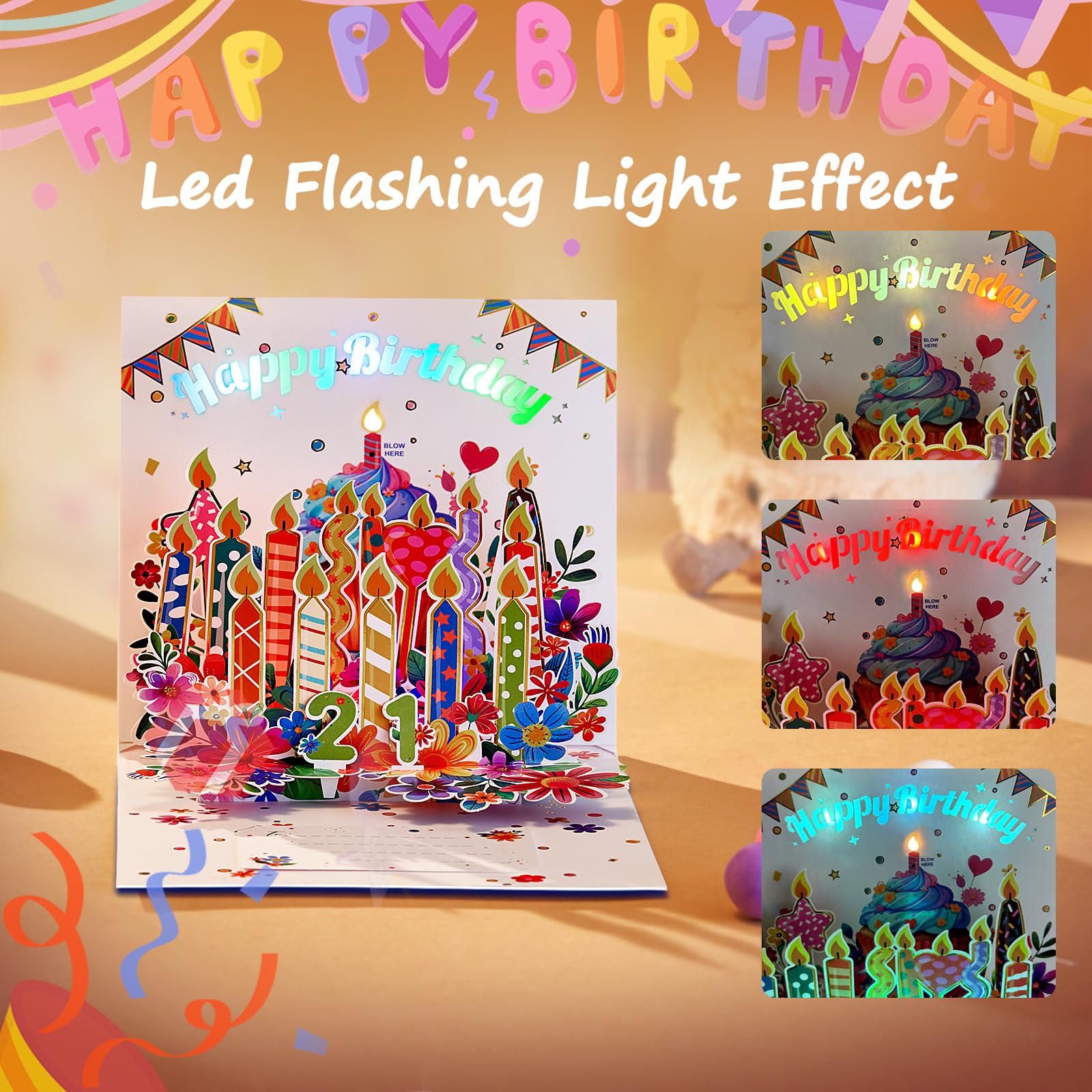 LoveEcho Blasbare musikalische 3D-Pop-Up-Musikkarte mit LED-Licht und Musik "Happy Birthday to You", 3D-Geburtstagskarte mit Notizkarte und Umschlag für die Ehefrau, Mutter, Oma, Tochter, Schwester,