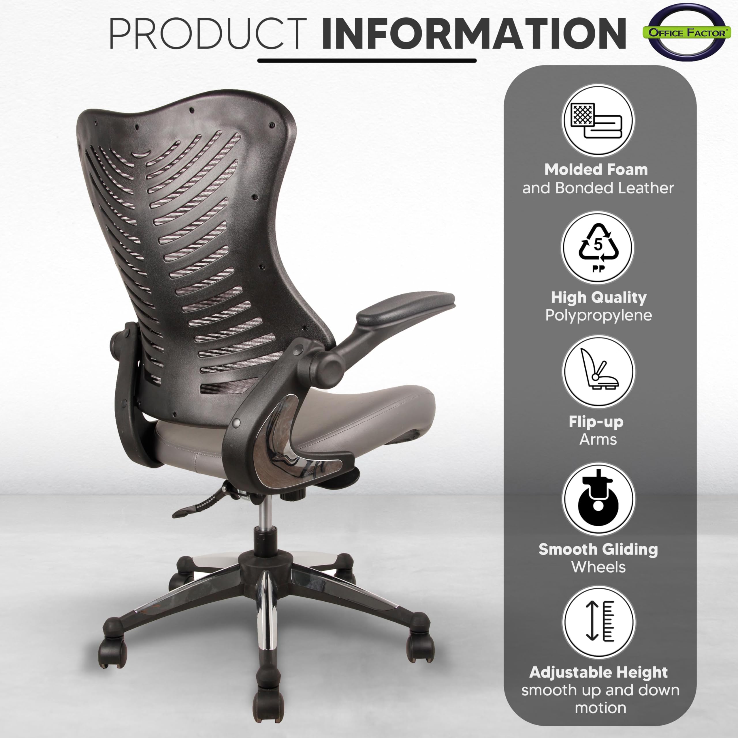 OfficeFactor Executive Ergonomic Computer Office Chair Back Mesh Bonded Leather Seat Flip-up Arms Lumbar Support Molded Foam Seat — view 7