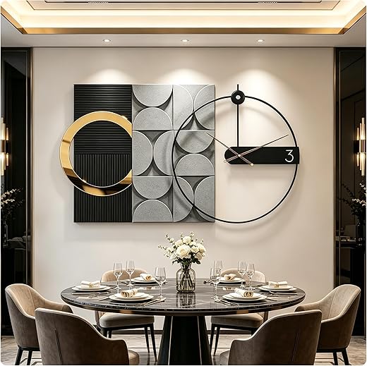 Mid Century Modern Wall Clock 3D Luxury Large Geometric Silent Non Ticking for Living Room Oversized Boho Farmhouse Mechanism, Big Unique Metal Fancy Clock Wall Decor for Bedroom Kitchen, Black 30×18