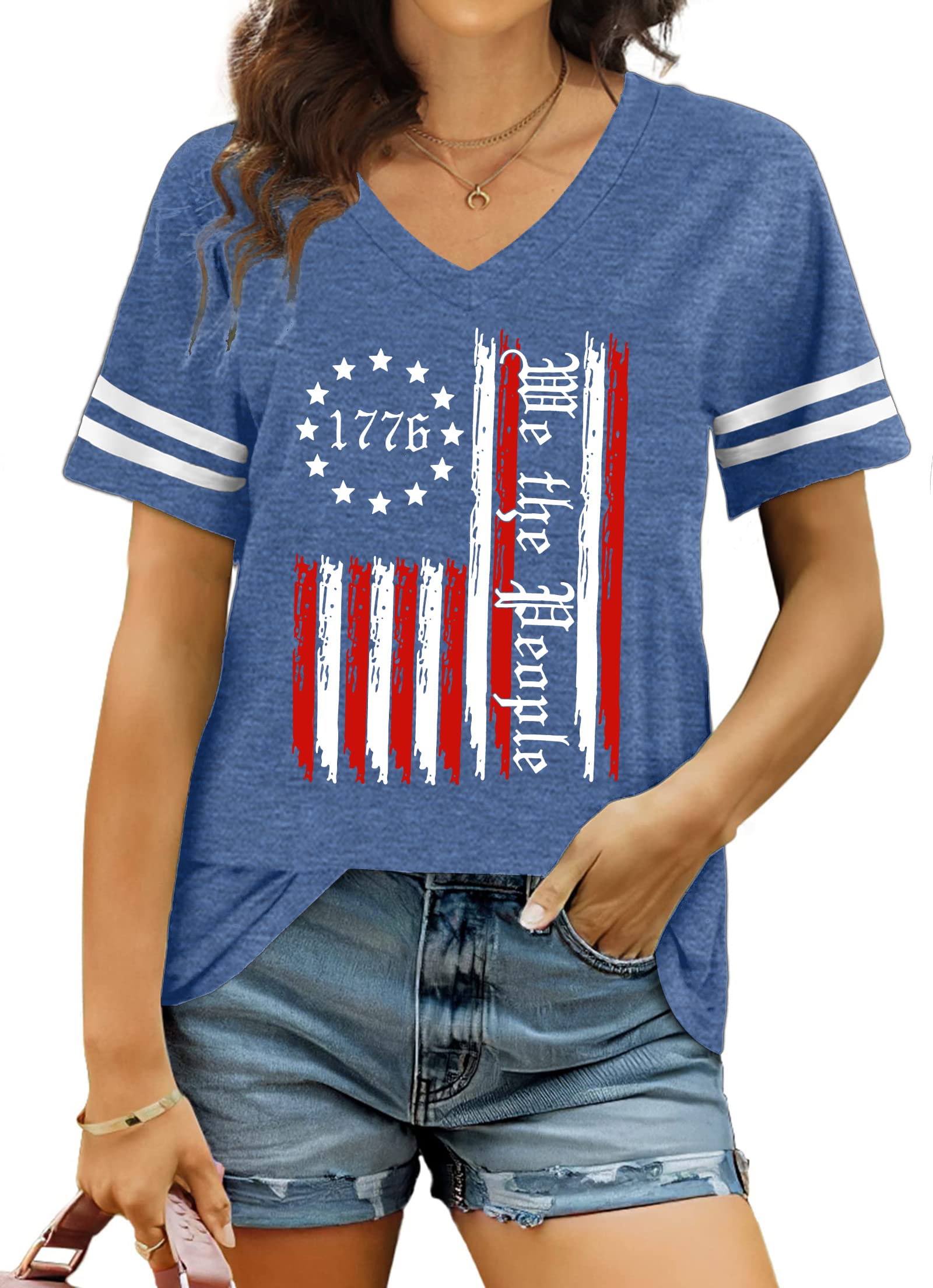 American Flag Shirts Women Patriotic Shirt 4th of July Tee Tops V-Neck Short Sleeve Summer T-Shirt