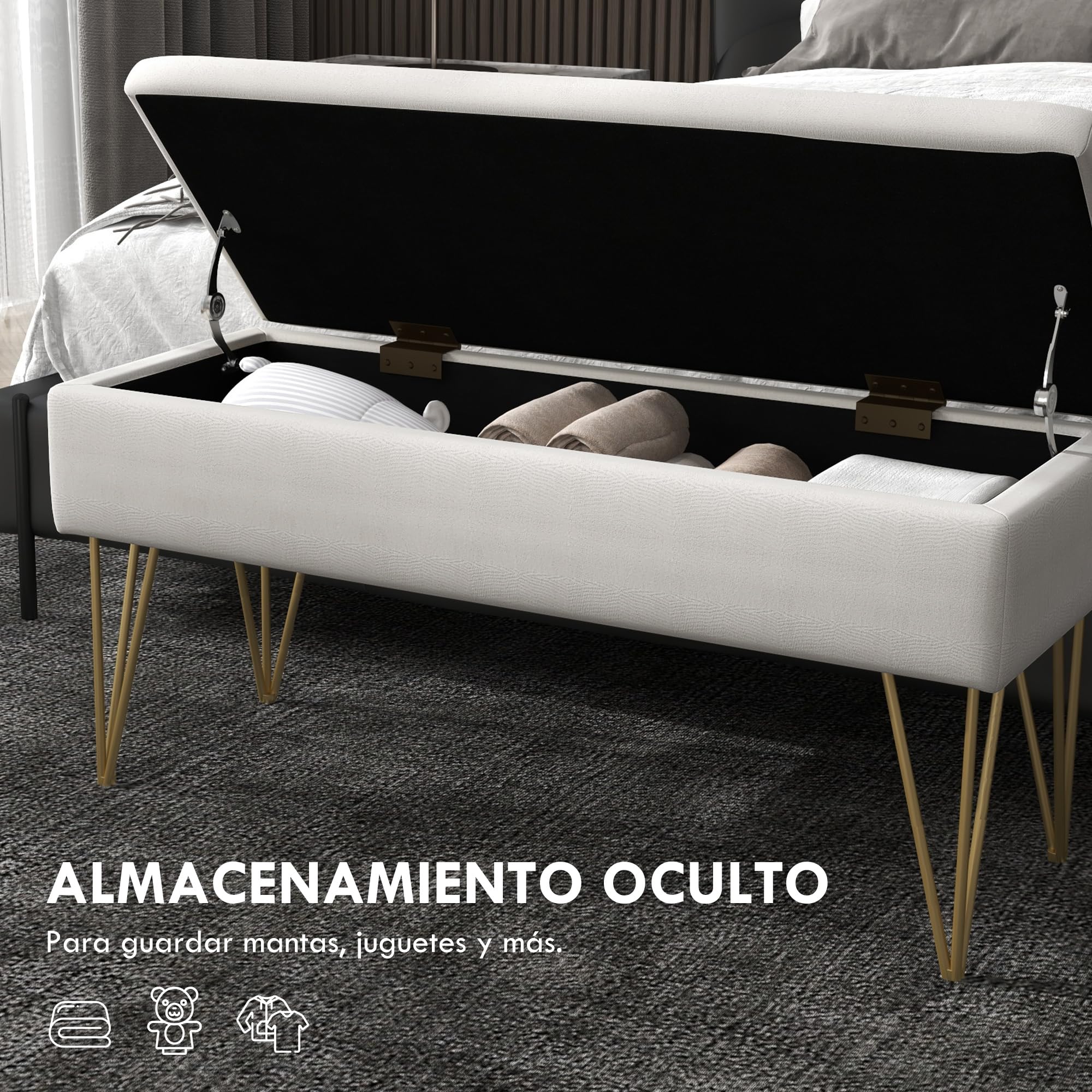 HOMCOM Banco Pie de Cama, Taburete Pie de Cama Tapizado en Lino Sintético con Patas de Acero y Asiento Acolchado, Estilo Moderno, Banco para Dormitorio, Entrada, Pasillo, Crema