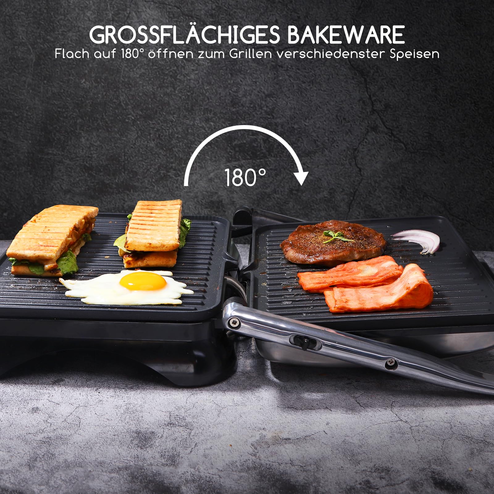 Aigostar Kontaktgrill 2000W | Temperaturkontrolle | 29,5 x 23,5 cm | 180° klappbar als Tischgrill | Antihaftbeschichtung | Fettauffangschale | Panini Grill für Steaks, Burger & Gemüse | Samson