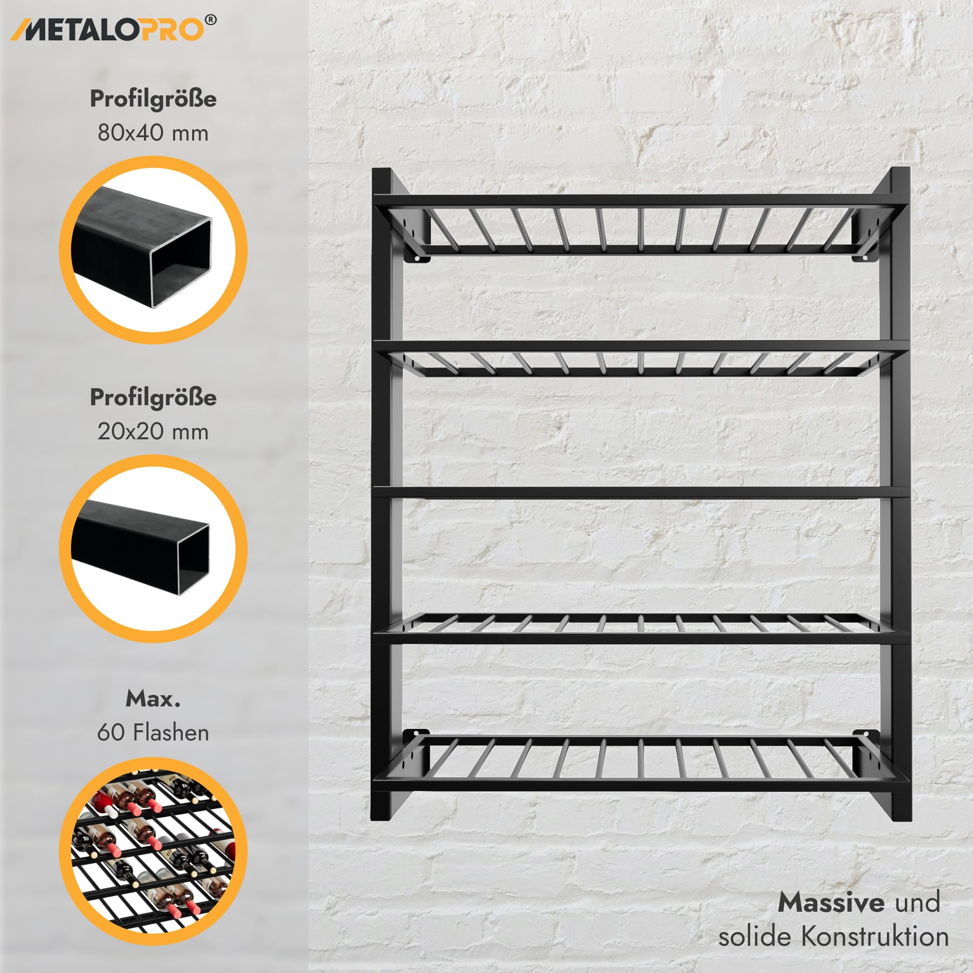 Weinregal Metall – Flaschenregal für 60 Weinflaschen – Robustes Design, Weinständer für Küche, Keller oder Bar – Schwarz