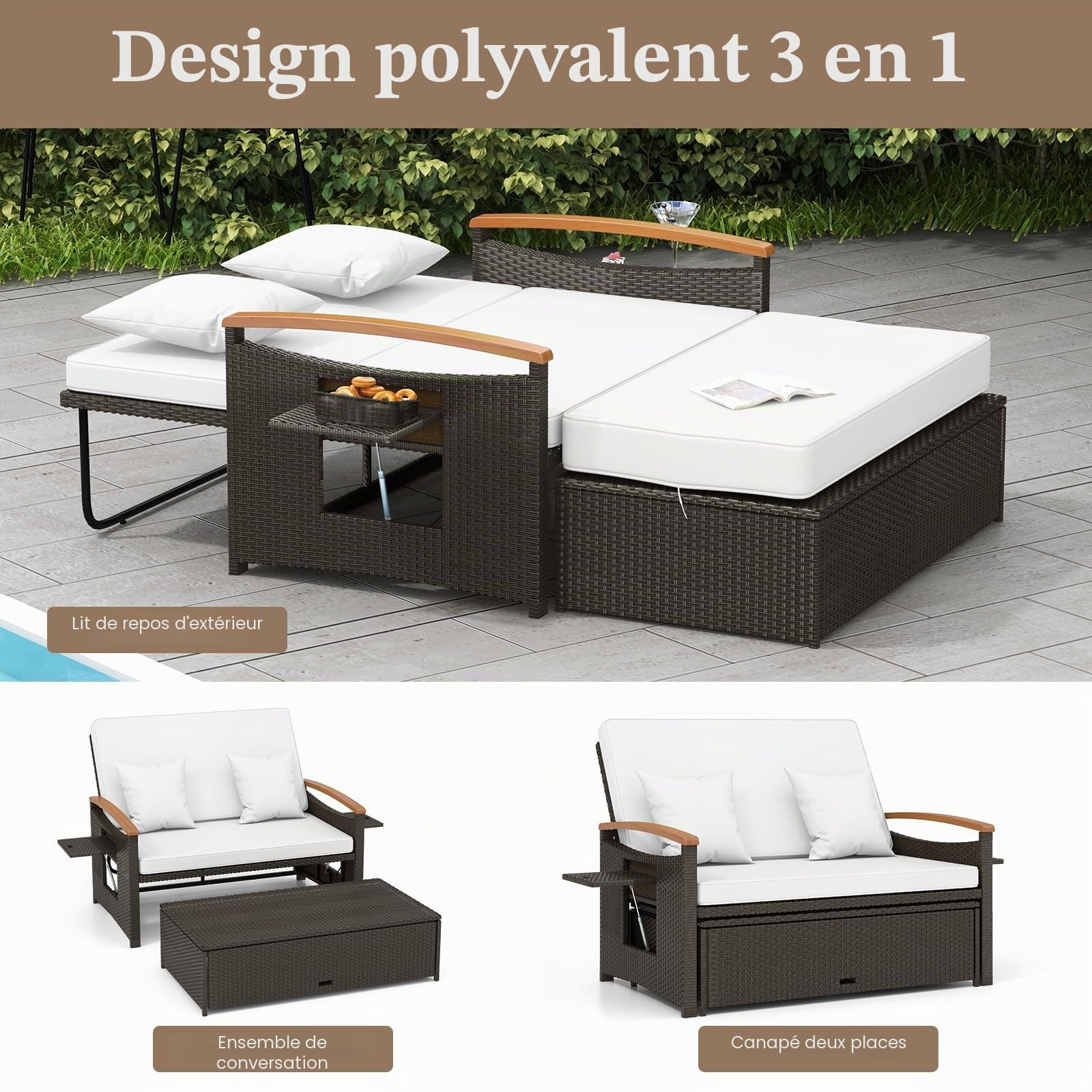 GIANTEX Canape Exterieur Jardin en Rotin PE, Ottoman de Rangement, Accoudoirs en Bois d'Acacia, Dossier Réglable, Tables d'Appoint Rétractables, Coussins Doux, pour Porche, Patio, Marron+Blanc