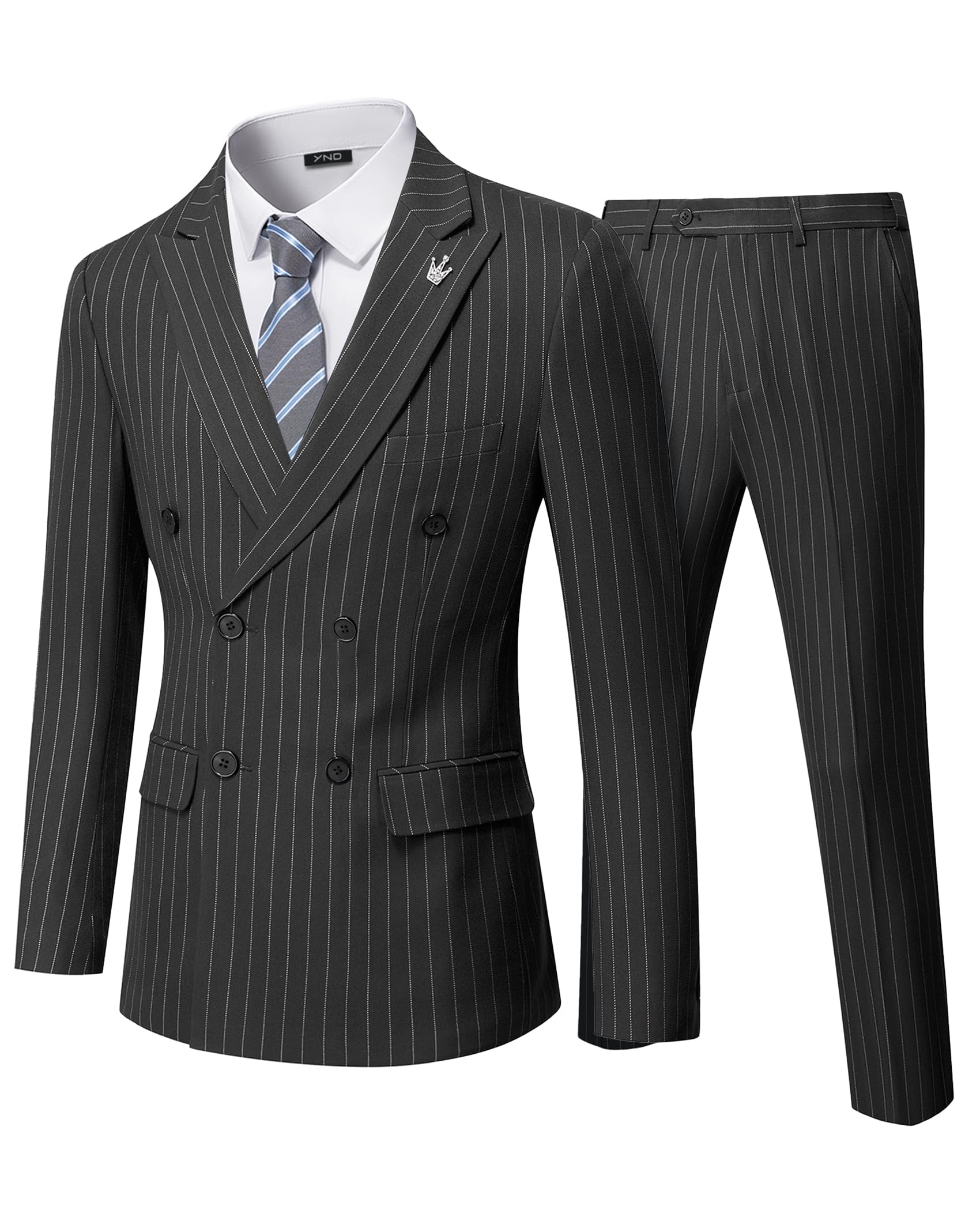YNDMen's 2 Piece Double-Breasted Suit, Slim Fit Stripe Tuxedo Set with Tie, Party Wedding Dress Blazer, Tux and TrousersGlobal Recycled StandardGlobal Recycled StandardGlobal Recycled Standard