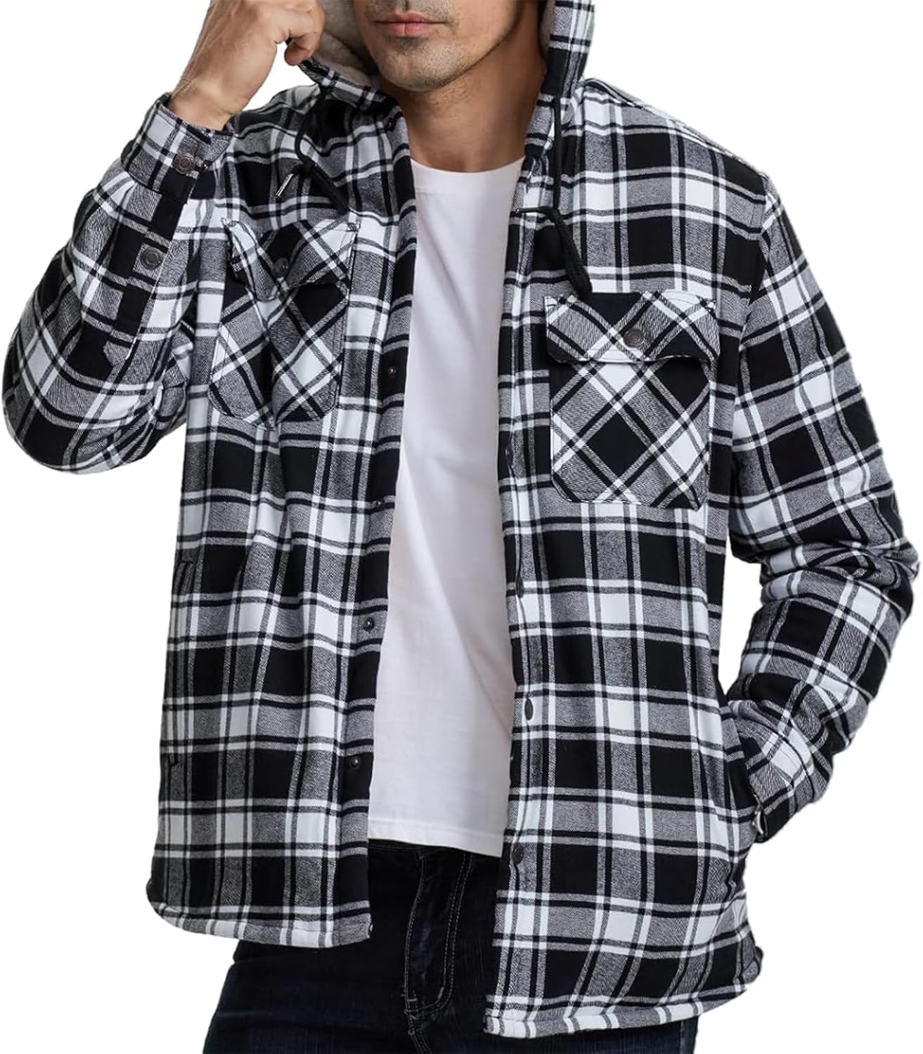 Shirt Jacket For Men Thick Sherpa Lined Plaid Soft Hoodies Zip Up Winter Hooded Jacket Fleece Coat Pockets Sweatshirts