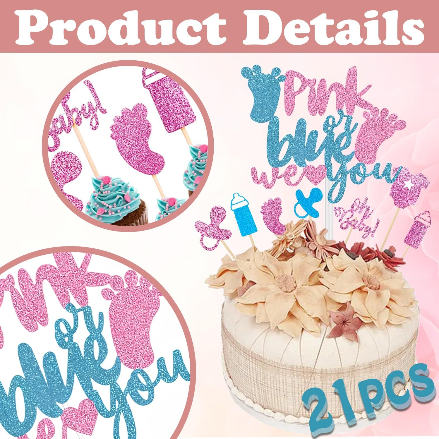 21 Pack Gender Reveal Cake Toppers, Glitter Blue or Pink We Love You Cake Topper - Image 3