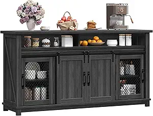 DWVO Farmhouse Sideboard Buffet Cabinet, 63'' Coffee Bar Cabinet with 2 Sliding Barn Doors & 2 Visual Grid Doors, Rustic Storage Cabinets for Kitchen & Living Room, Dark Grey