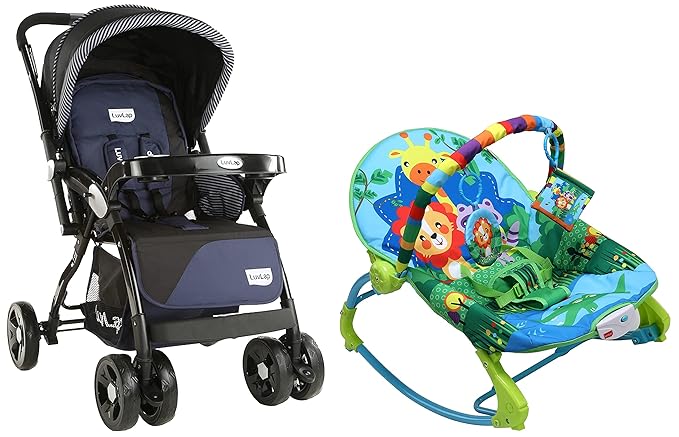 Galaxy Stroller/Pram, Extra Large Seating Space, Easy Fold, for Newborn Baby/Kids, 0-3 Years (Navy/Black) & Luvlap Jungle Tales Newborn to Toddler Portable Rocker Cum Bouncer (Multicolour)