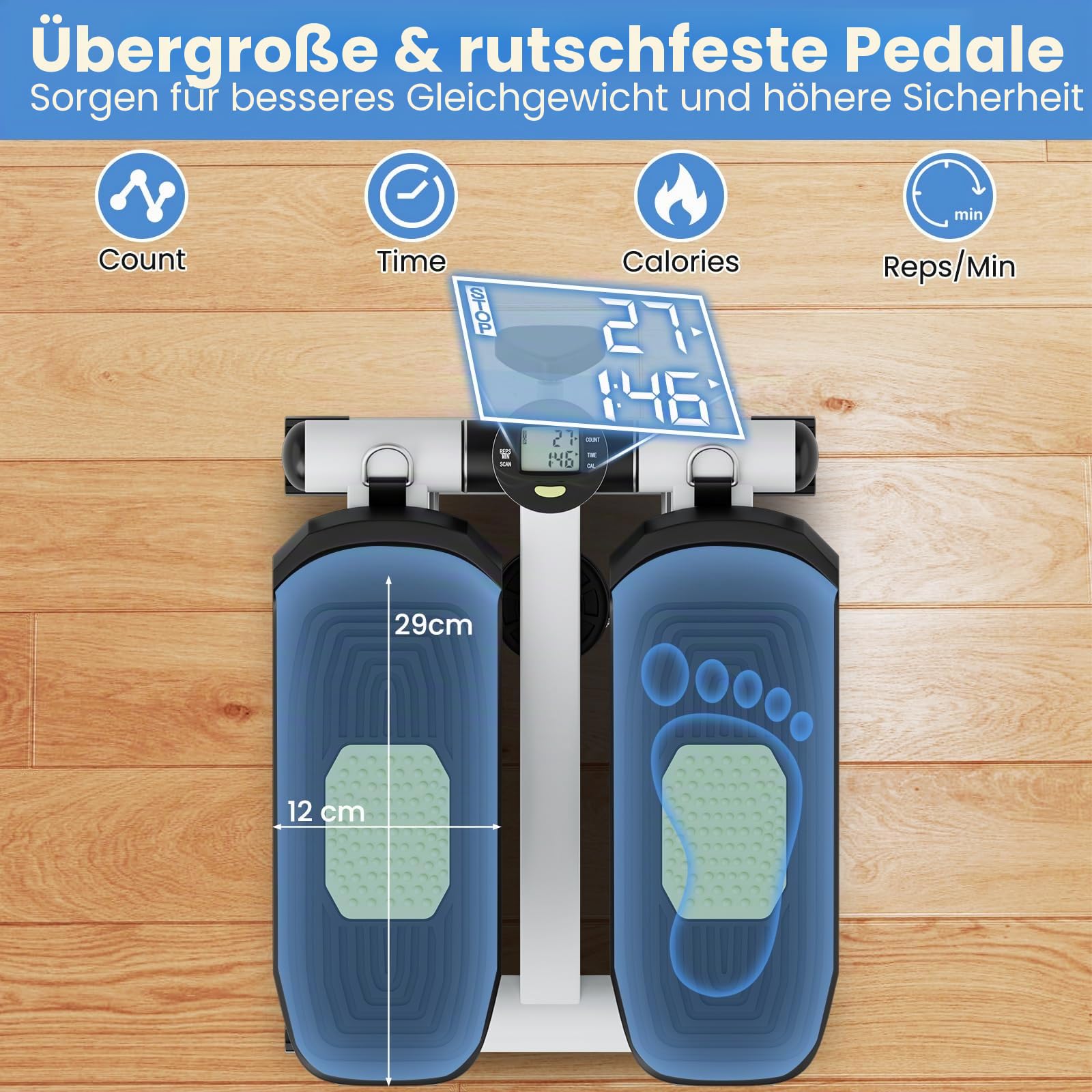 KOMFOTTEU Mini Stepper tragbar, Swing Stepper höhenverstellbar mit Widerstandsbändern, LCD-Bildschirm, rutschfeste Pedale, Fitnessgeräte bis 100 kg für Körpertraining, Übung