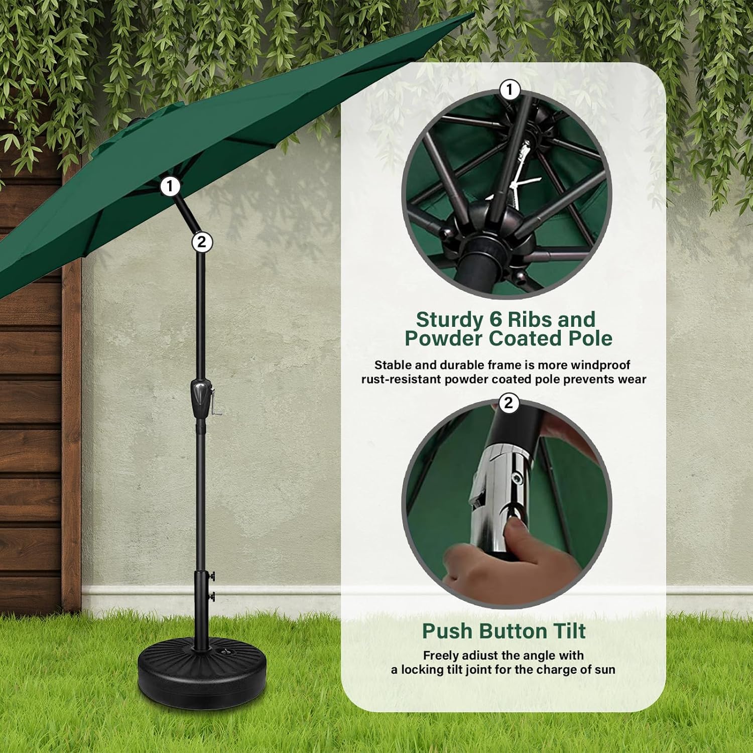YSSOA 7.5' Patio Umbrella Outdoor Table Market Yard Umbrella with 6 Sturdy Ribs, Green