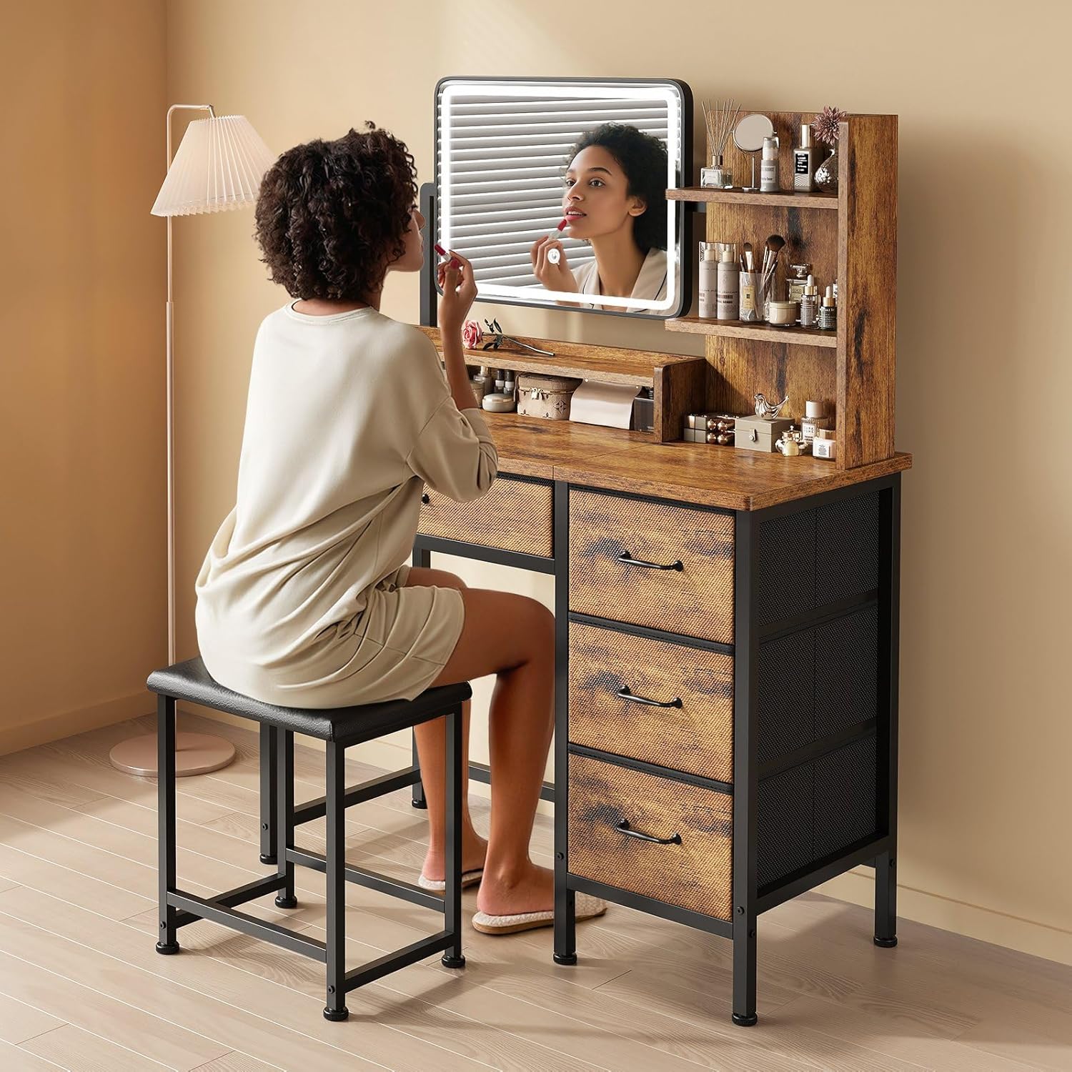 vanity desk with mirror and lights, makeup vanity desk with 4 fabric drawers & storage shelvs & chair, 3 color modes & adjustable brightness, rustic brown vanity, vanity set, bedroom furniture rustic brown 34.3in