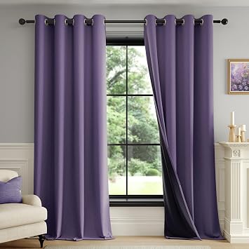 FMFUNCTEX 100% Blackout Curtains for Bedroom, Purple Curtains 84 Inches Long Textured Thermal Insulated Curtains for Living Room Drapes, Black Out Drapery Grommet Room Darkening 2 Panels