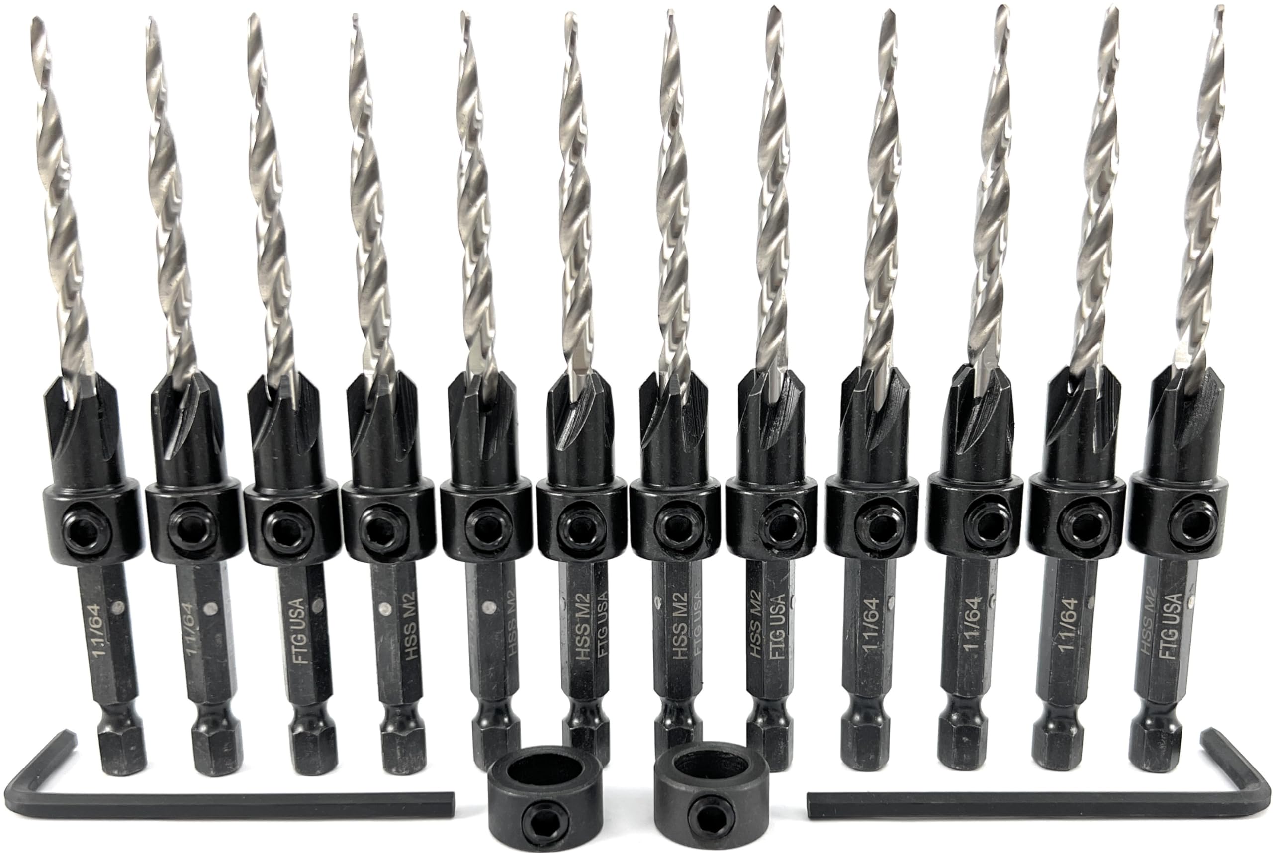 FTG USA Juego de 12 brocas avellanadas #8 (11/64 pulgadas) con cuello de tope de profundidad, llave hexagonal, brocas cónicas para madera