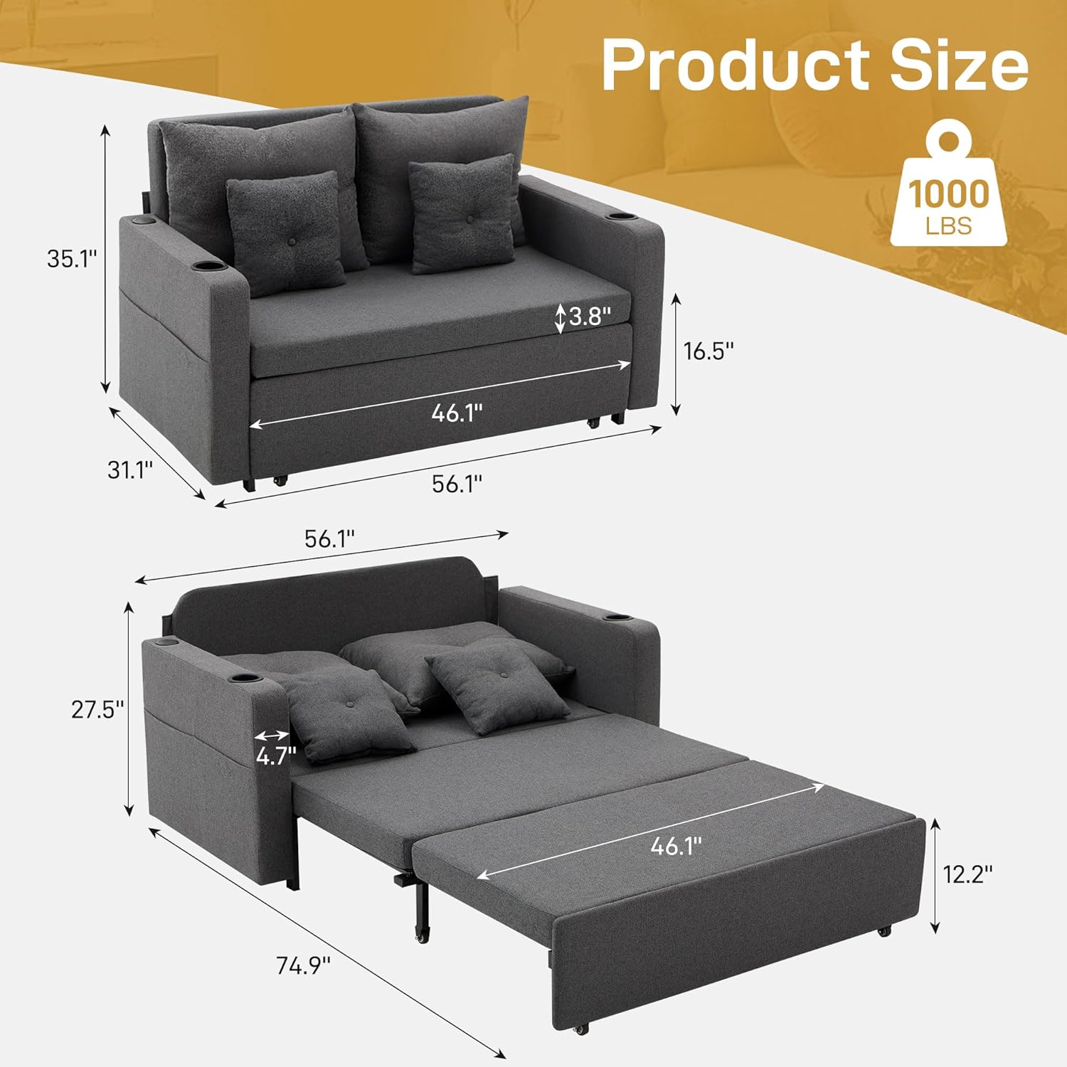 Busaurus 3 in 1 Convertible Sofa Bed, 56" Full Size Loveseat Sleeper Sofa Couch Bed, Sleeper Sofa Bed with Storage Pocket, USB, Comfy Pull Out Sofa Bed for Living Room, Bedroom, Small Space, Dark Grey
