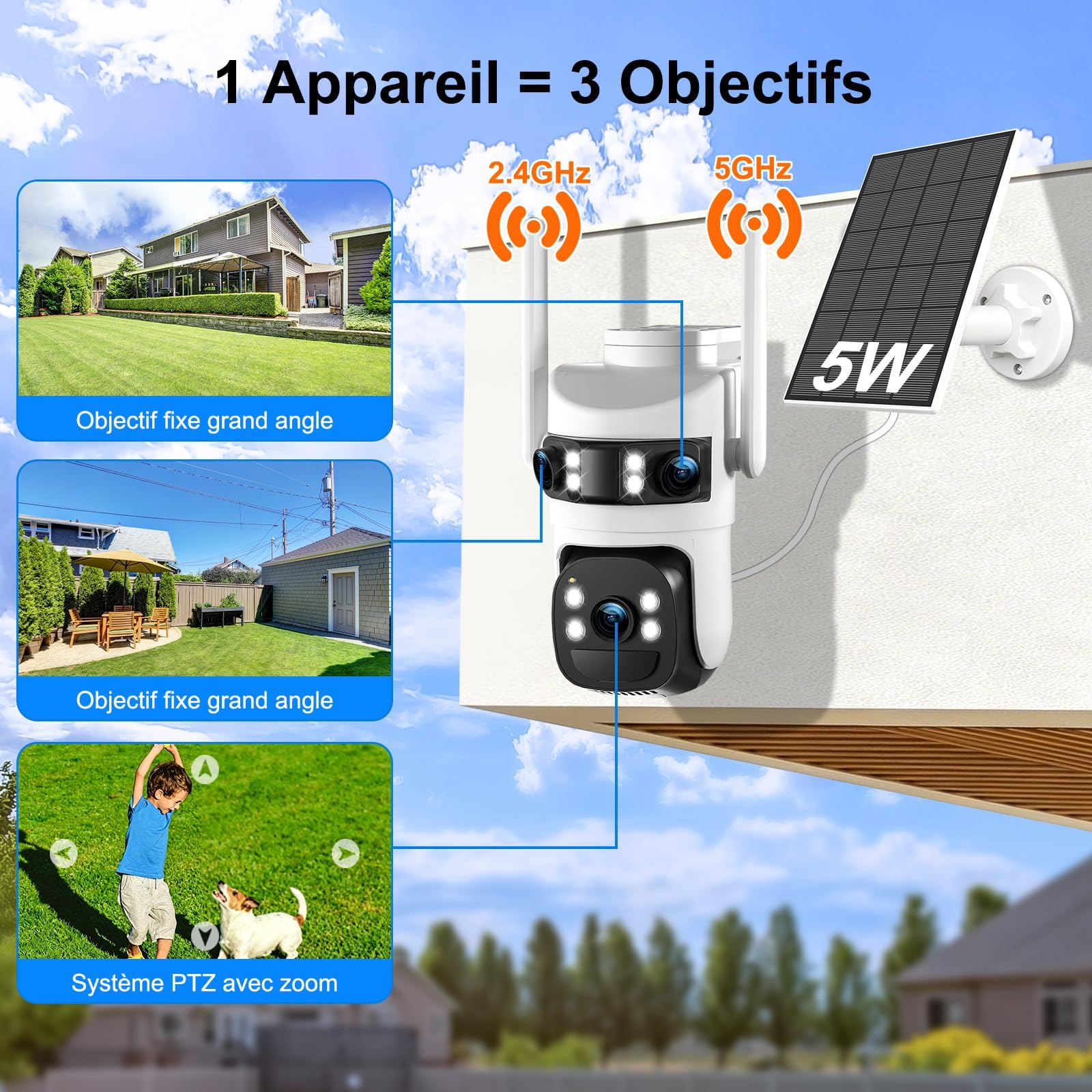 6K Telecamera Wi-Fi Esterno,Triple Obiettivo Telecamera WiFi Senza Fili con Pannello Solare,Videocamera Sorveglianza,Rilevamento Umano PIR,Visione Notturna a Colori,Audio Bidirezionale,2.4G/5GHz,IP66