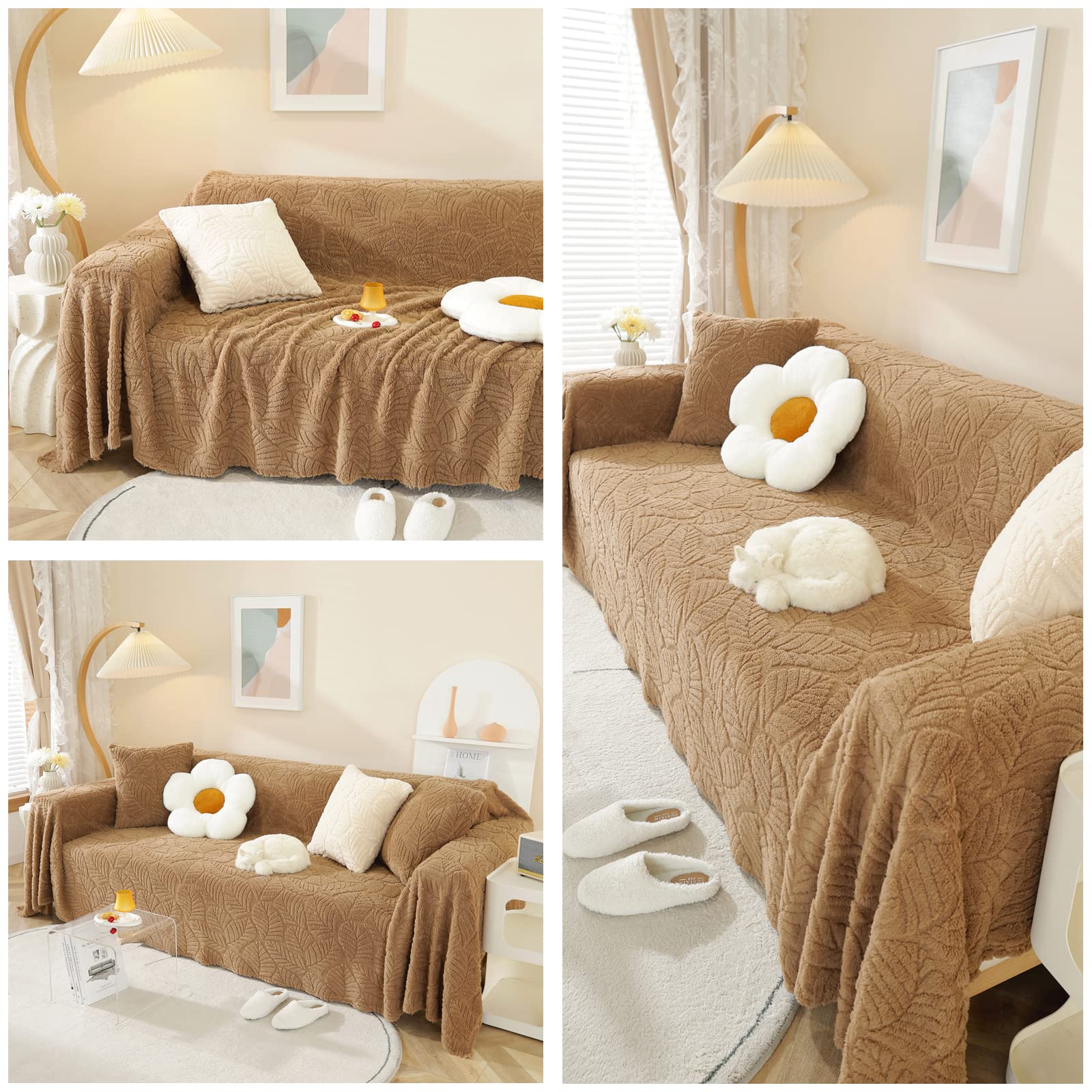 Coperta Per Divano In Ciniglia Double-Face 180x180 Cm – Con Nappe, Morbida, Protezione Anti-peli E Macchie, Colore Tè Al Latte