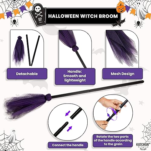 Miniatura 4 de KatchOn, Sombrero de bruja morado y escoba de Halloween, sombrero de bruja grande para mujer, escoba de bruja para adultos, accesorios de bruja para