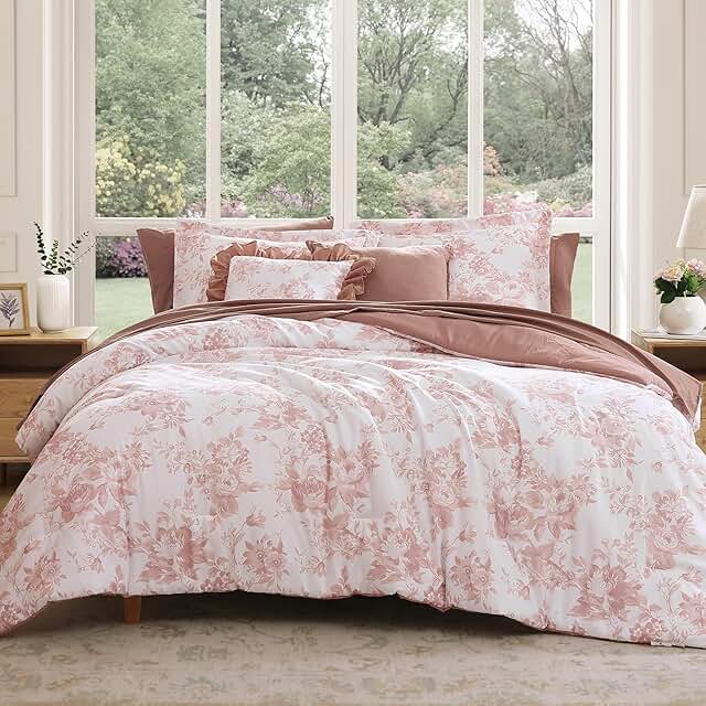 Queen Comforter Set -7 Pieces Pink Floral Comforter Set for All Seasons,...