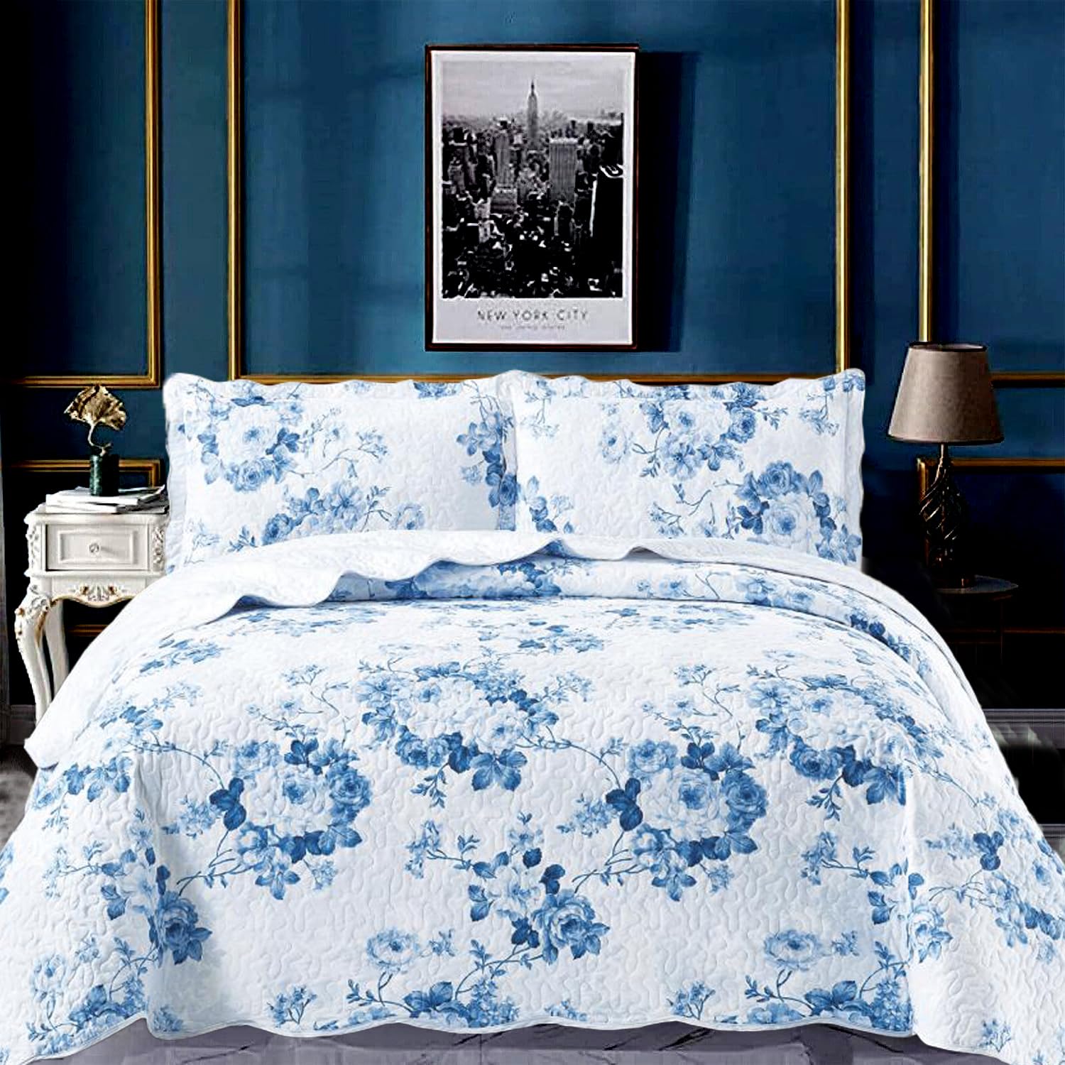 OZMIC Patchwork Bedspread Cotton Filling Box Pattern Reversible Quilted Throw For Bedroom Decor - Warm Quilt Coverlets Blankets Single Bed Bedspread with Pillow Case - Vintage Floral Blue