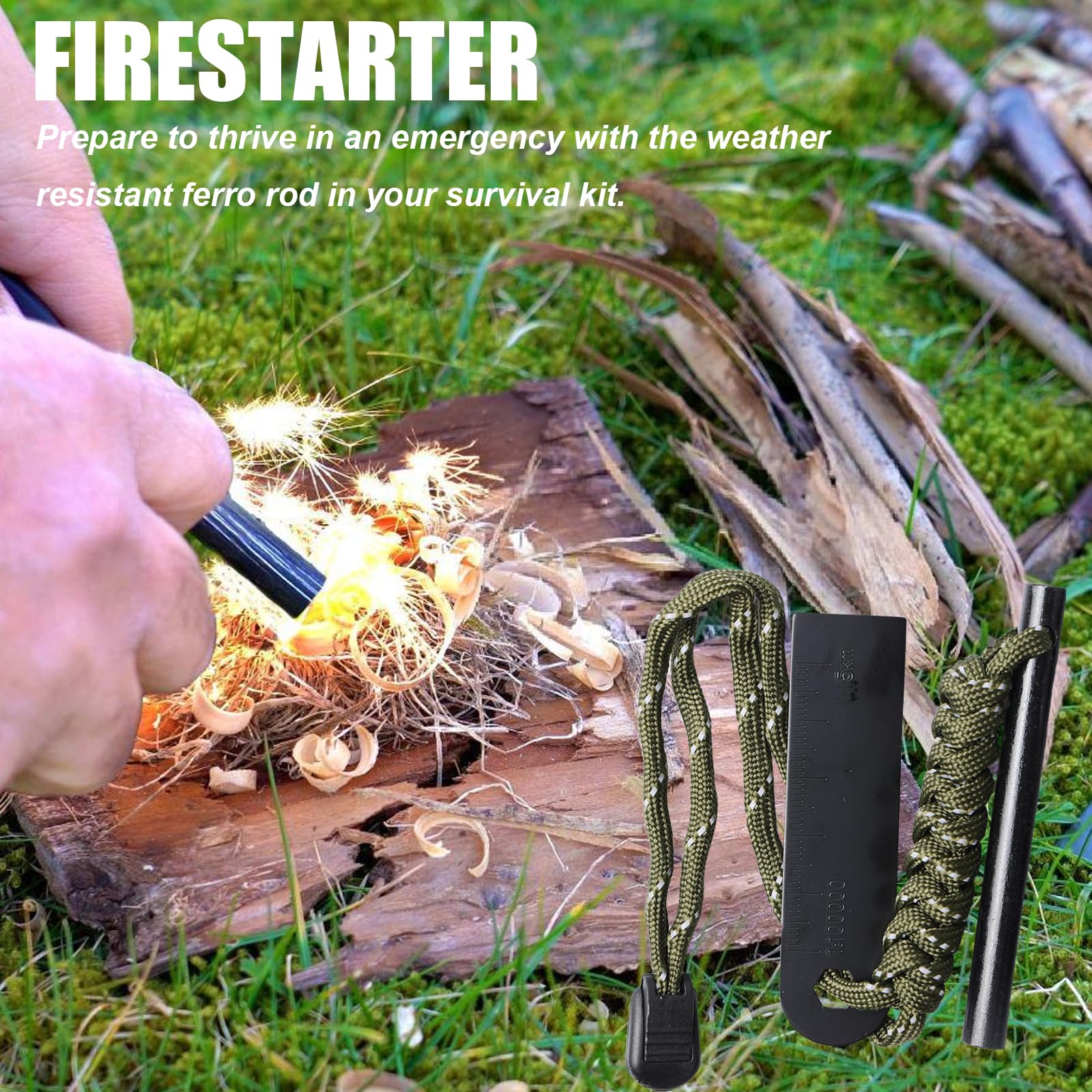 Acero para fuego: pedernal de supervivencia con paracord, iniciador de fuego para camping