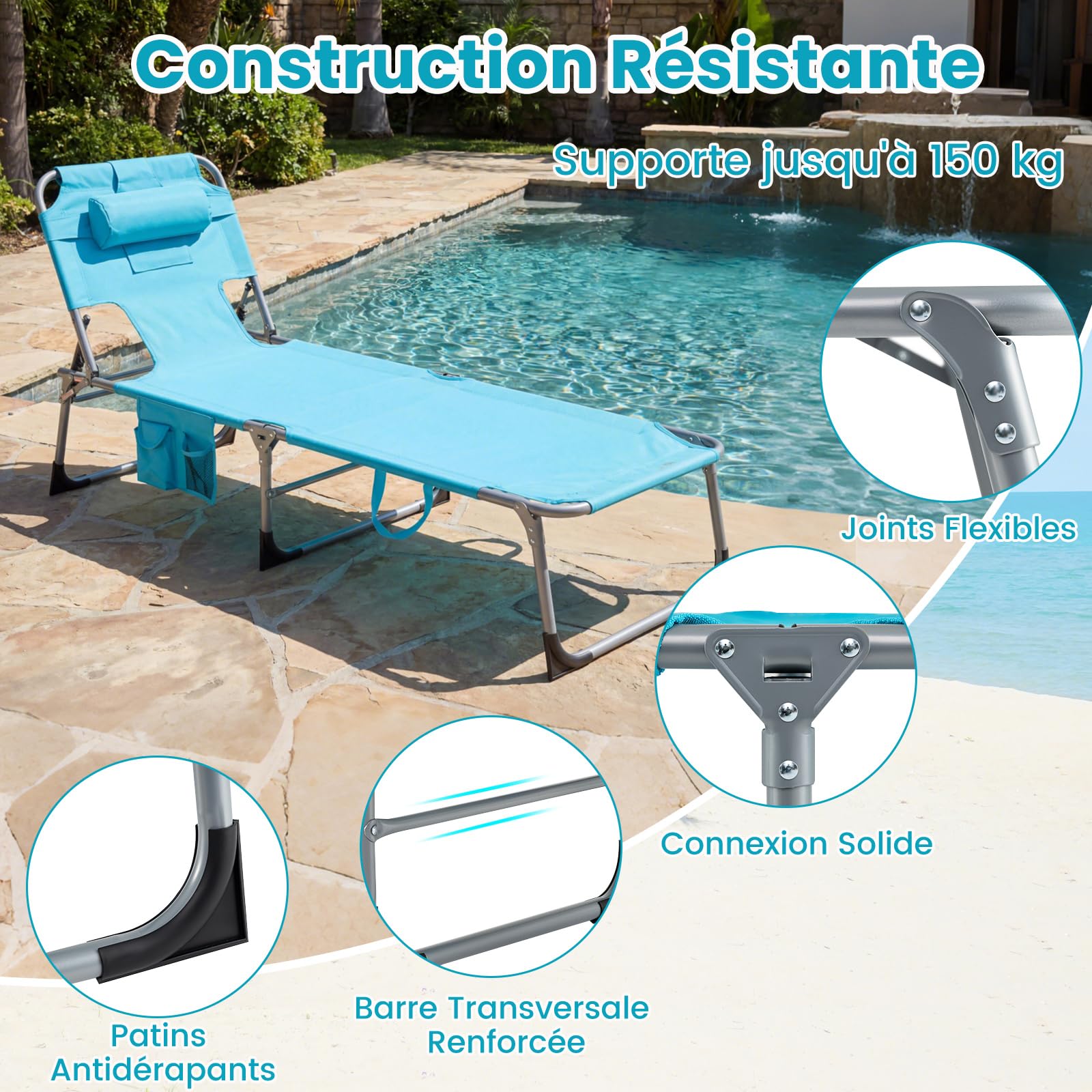 COSTWAY Bain de Soleil Réglable à 4 Positions, Chaise Longue Pliante, Trous pour Visage&Bras, Poche Latérale, Appuie-Tête Amovible, Transat pour Jardin Piscine Terrasse, Charge 150 kg (Turquoise)