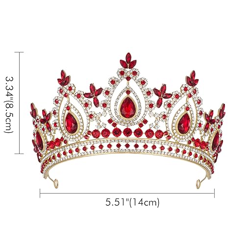 Miniatura 7 de SWEETV Corona roja de reina para mujer, tiara de boda para novia, tiara de princesa dorada, corona de quinceañera, tocado de cristal para