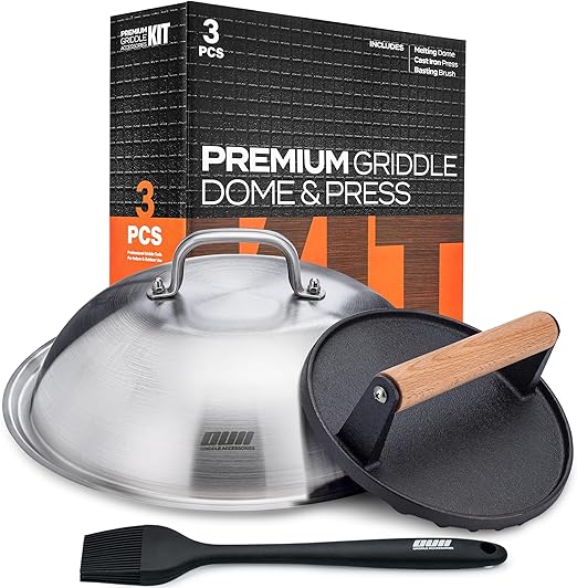 Flat Top Griddle Accessories Set for Blackstone and Camp Chef Griddle - Round Cast Iron Burger Bacon Press with 12 Inch Heavy Duty Round Basting Cover Melting Dome Lid & Basting Brush