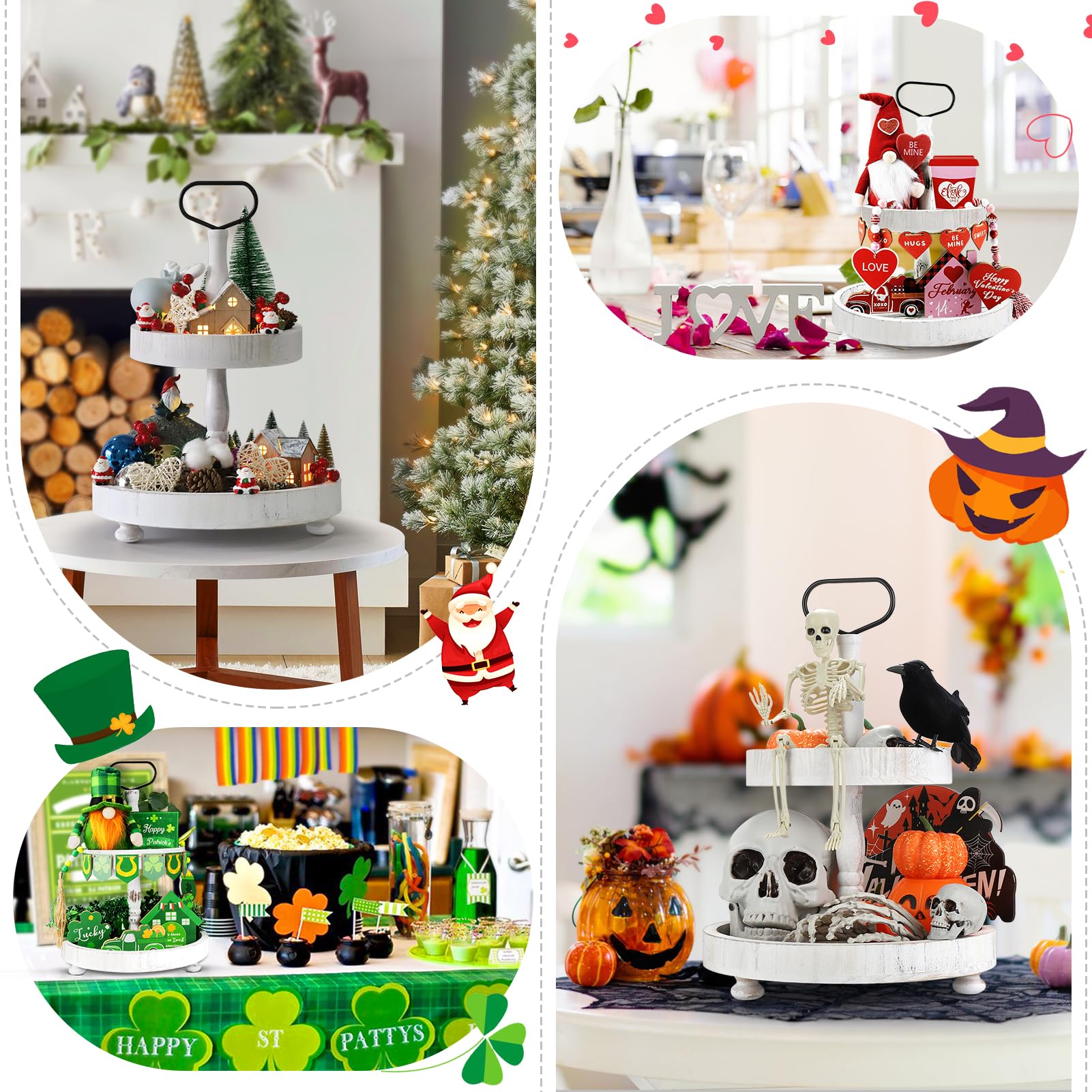 Vassoio natalizio a 2 livelli decorativo, in legno, per feste e Capodanno, cucina, bar, decorazione per la casa