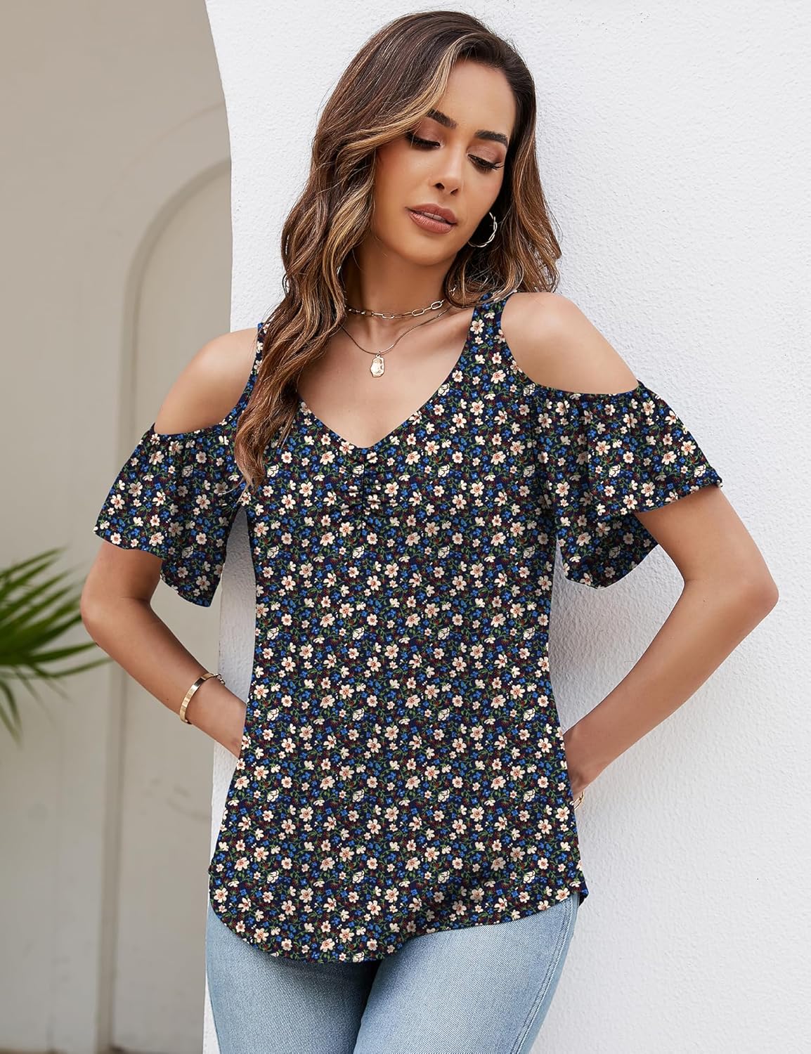 Micoson Cold Shoulder Tops for Women Summer Short Sleeve Shirts Ladies Floral Ruched Blouse Classic Cute V Neck Tunic - Image 2