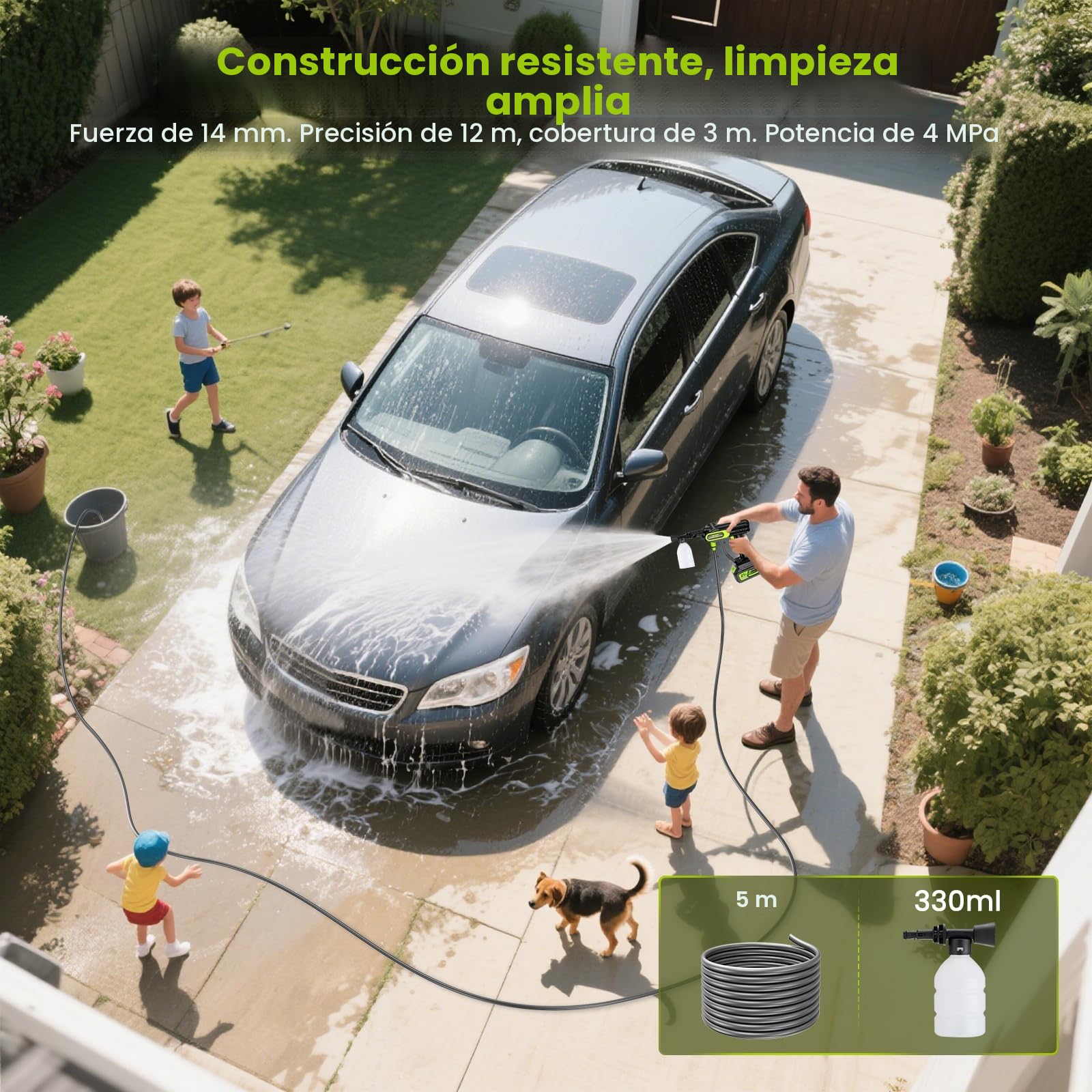 Hidrolimpiadora a Bateria de Alta Presión con Boquilla 6 en 1, 2 Baterías 4000mAh, 14 mm Salida de Agua 100 Bar, 5M Tubo y Caja de Almacenamiento para Limpiar Coche, Terraza, Jardín Limpieza y Riego