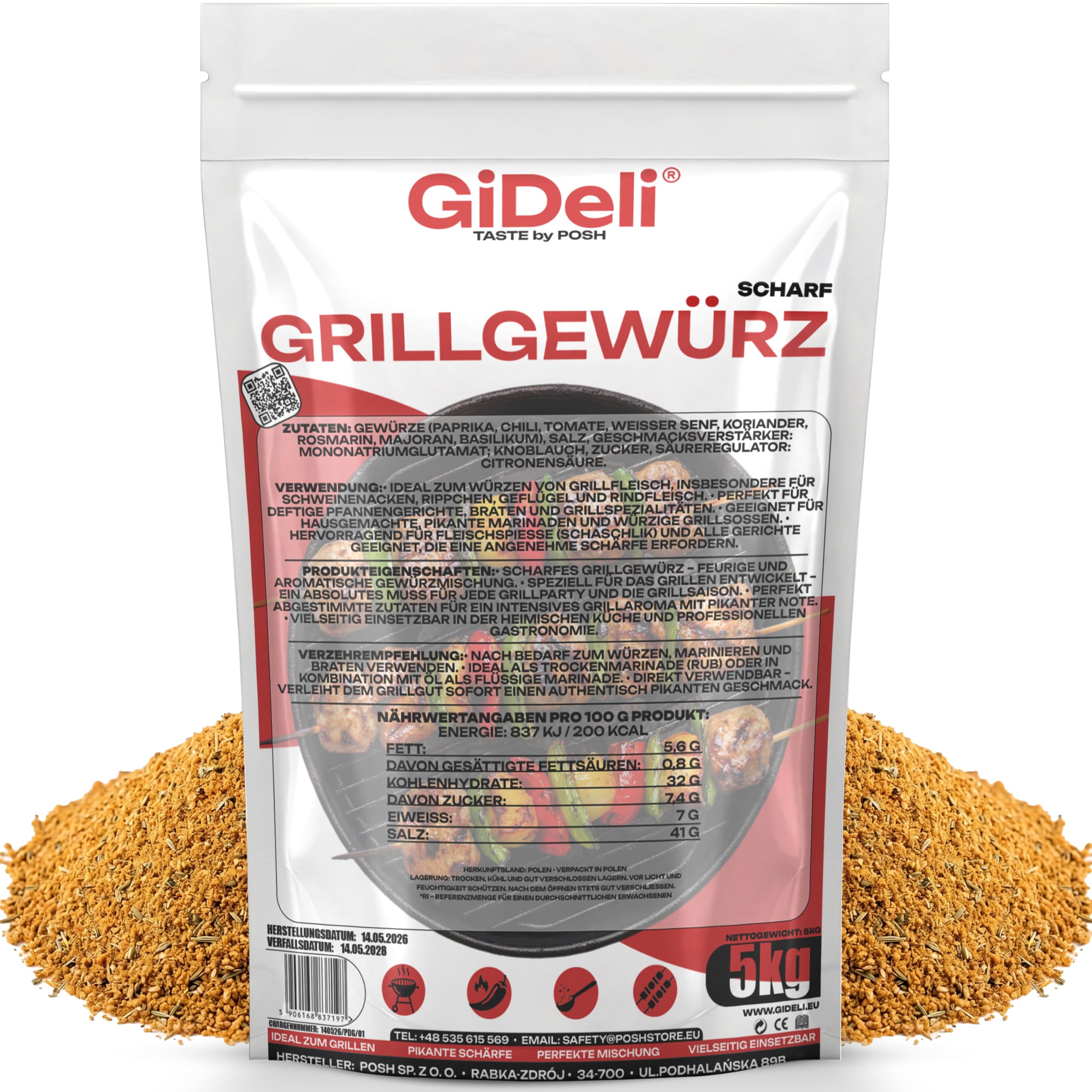 GiDeli Grillgewürz Scharf 5kg - Feurige & Aromatische Gewürzmischung für den Grill - Ideal für Schweinenacken, Rippchen, Geflügel & Schaschlik - Trockenmarinade & Rub - Sofort Einsatzbereit