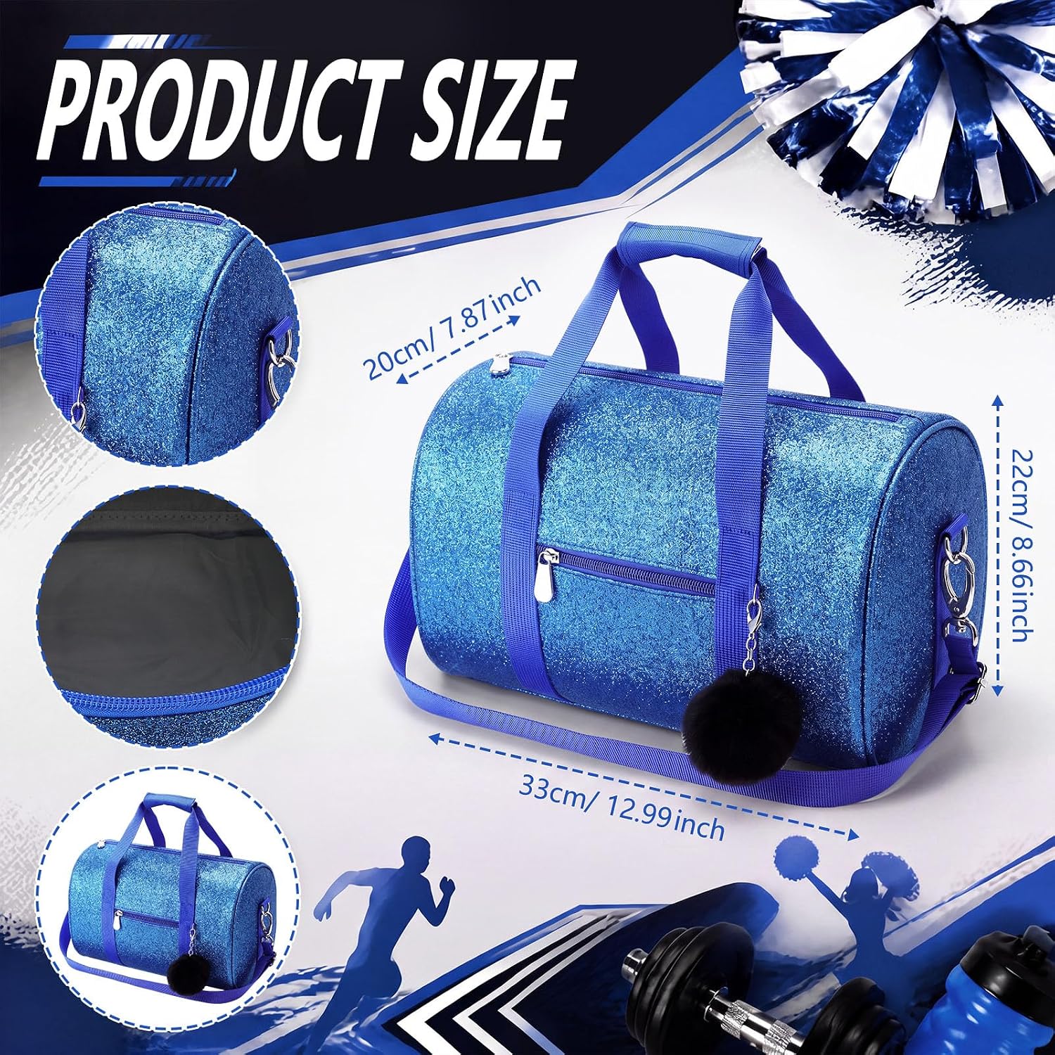 2 Pcs Glitter Cheer Duffel Bag Cheerleading Ballet Dance Bag, Blue image 2