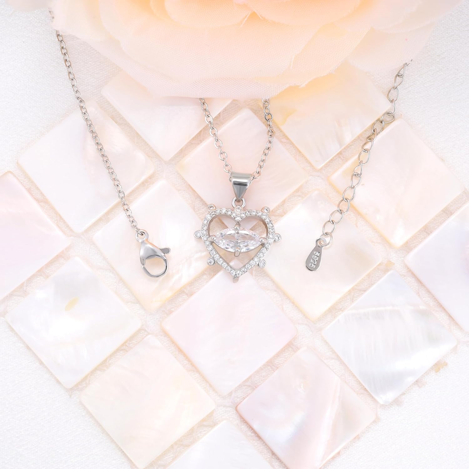 Sterling Silver Heart Necklace,Sparkling Cubic Zirconia Adjustable Hypoallergenic Heart-Shaped Necklace,Elegant Gifts for Her Sister Mom Wife - Image 2