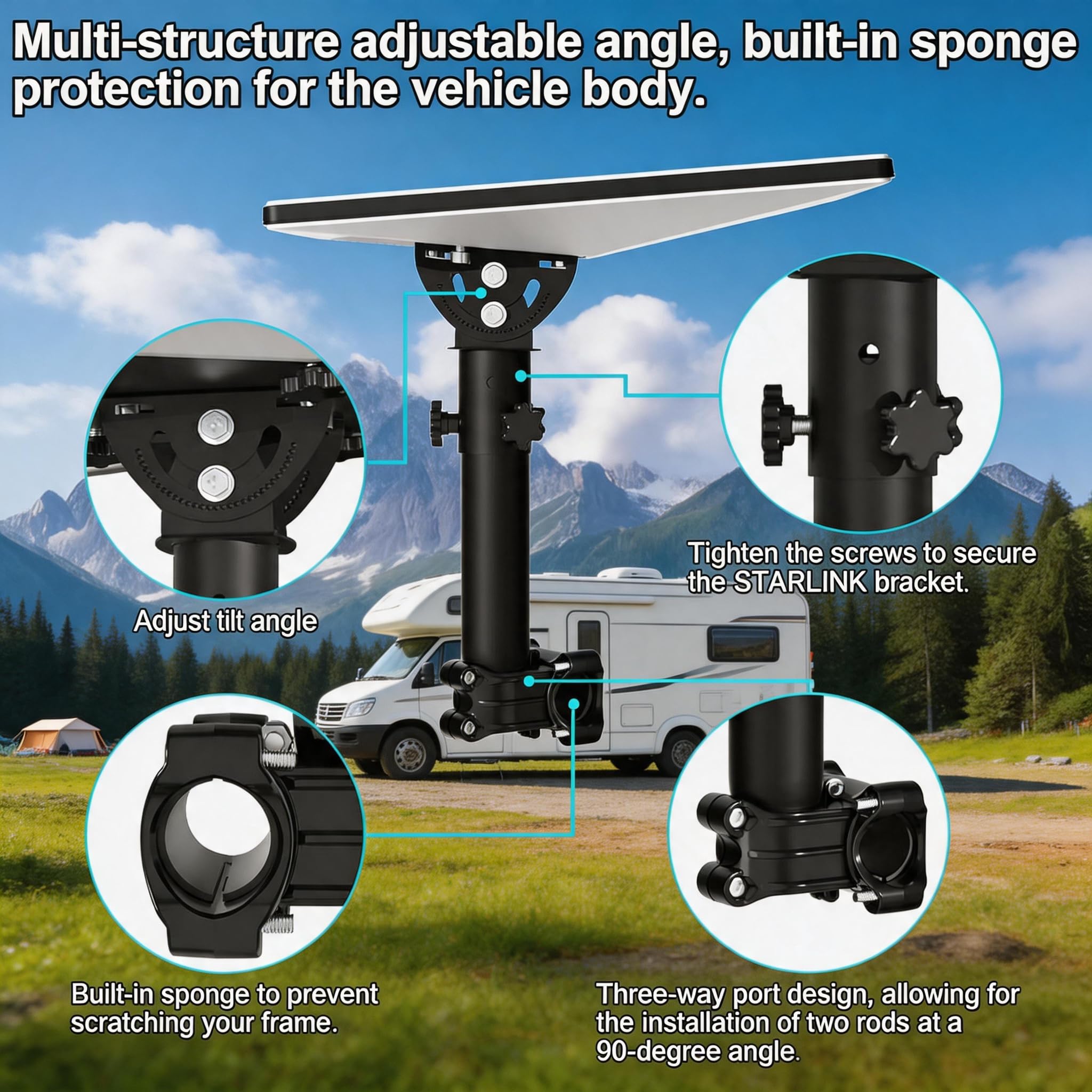 for Starlink Mini Stand, adatto per RV/tetto, supporto in alluminio con adattatore tubolare regolabile a 160°, staffa Star-link molto adatta per l'installazione su camper