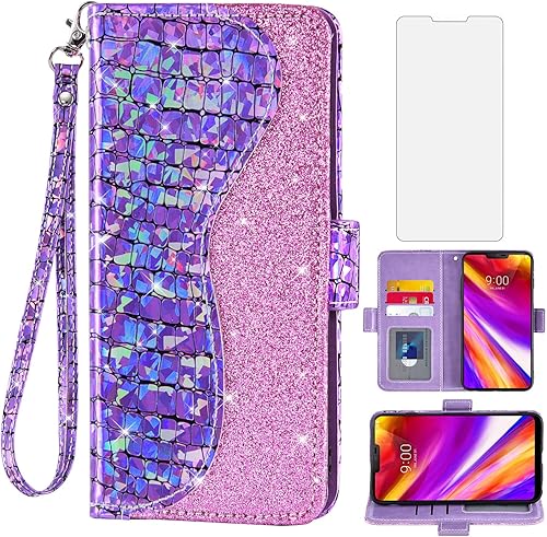 Asuwish Funda de teléfono para LG G7 ThinQ Funda tipo cartera con protector de pantalla y tarjetero abatible Bling Glitter Cell LGG7 One G 7 Plus