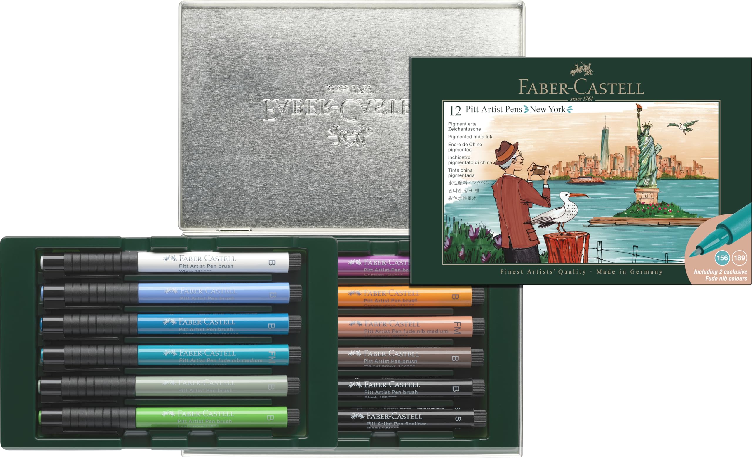 Faber-Castell Pitt Artist Brush Pen City Gift Set, Box of 12, New York, Multicoloured, Pigmented, Waterproof, Permanent Ink, Acid-Free, Drawing, Sketching, Art, Craft, Pens, Home, Office, Art Studio