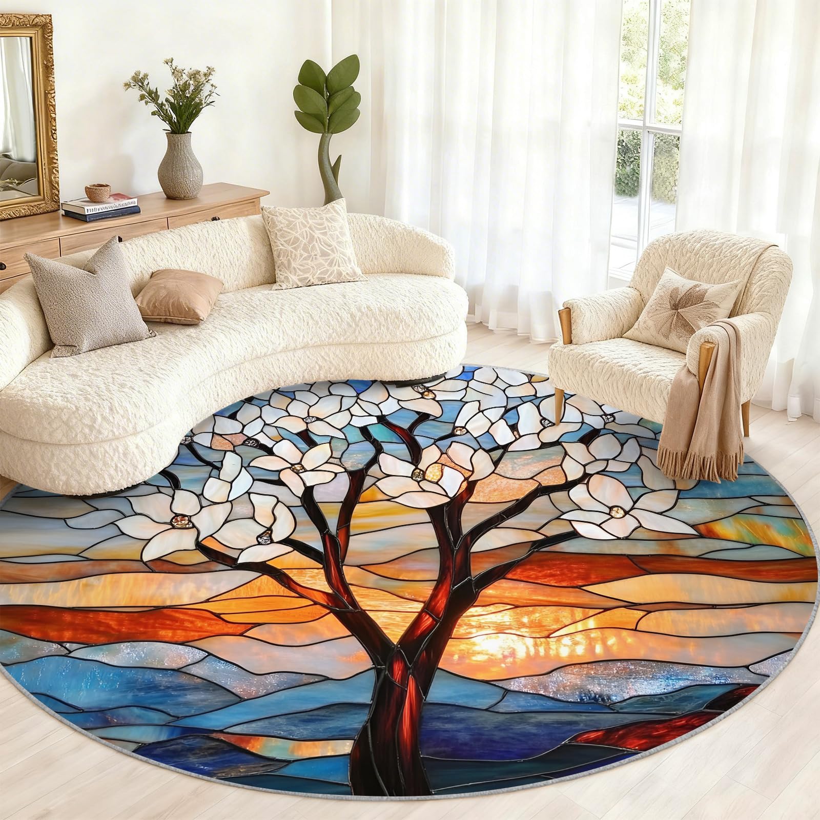 Grand tapis rond lavable Arbre de Vie de 180 cm de diamètre pour la décoration de salon